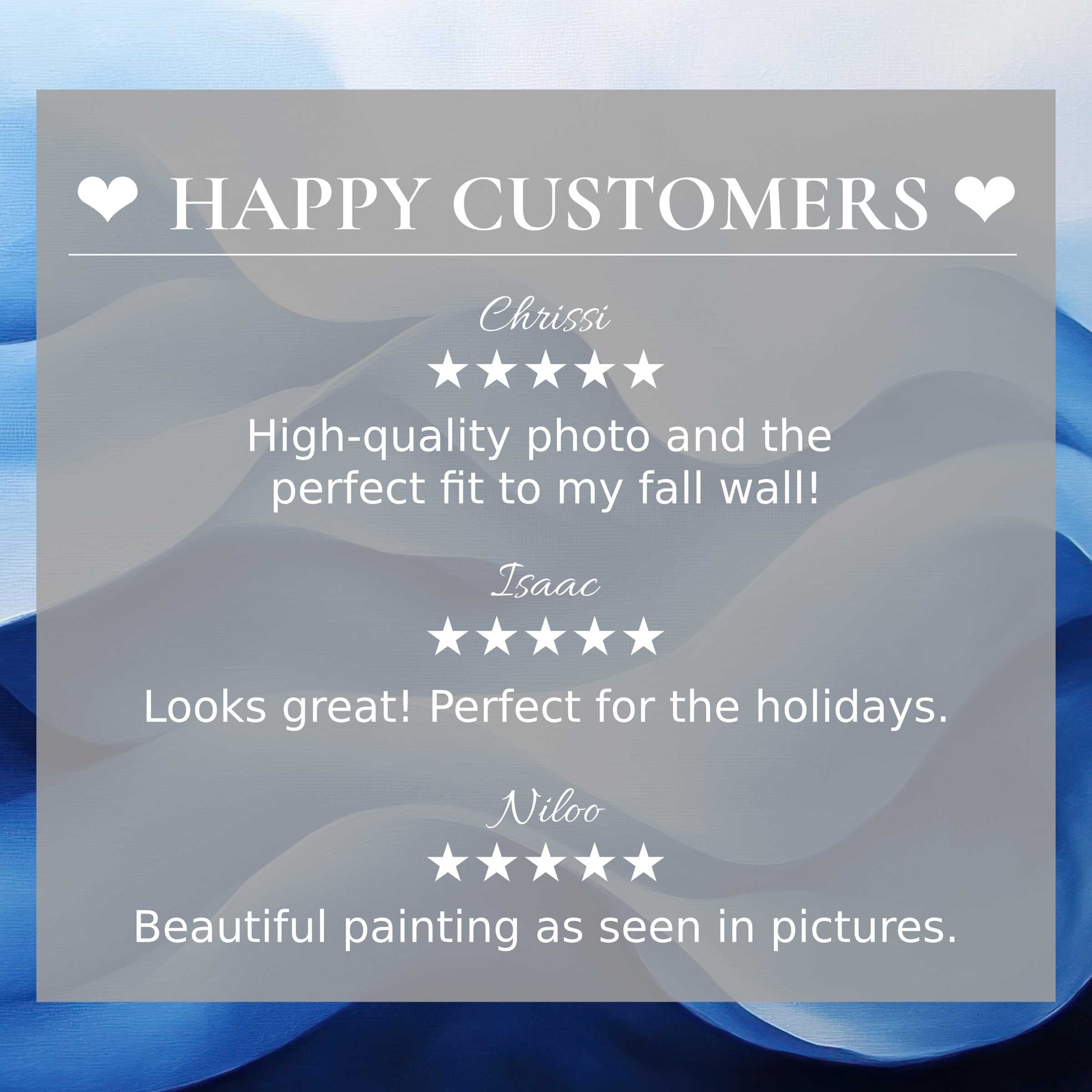 Modern art for Frame TV in abstract blue and gray tones with happy customer reviews building trust and elegance