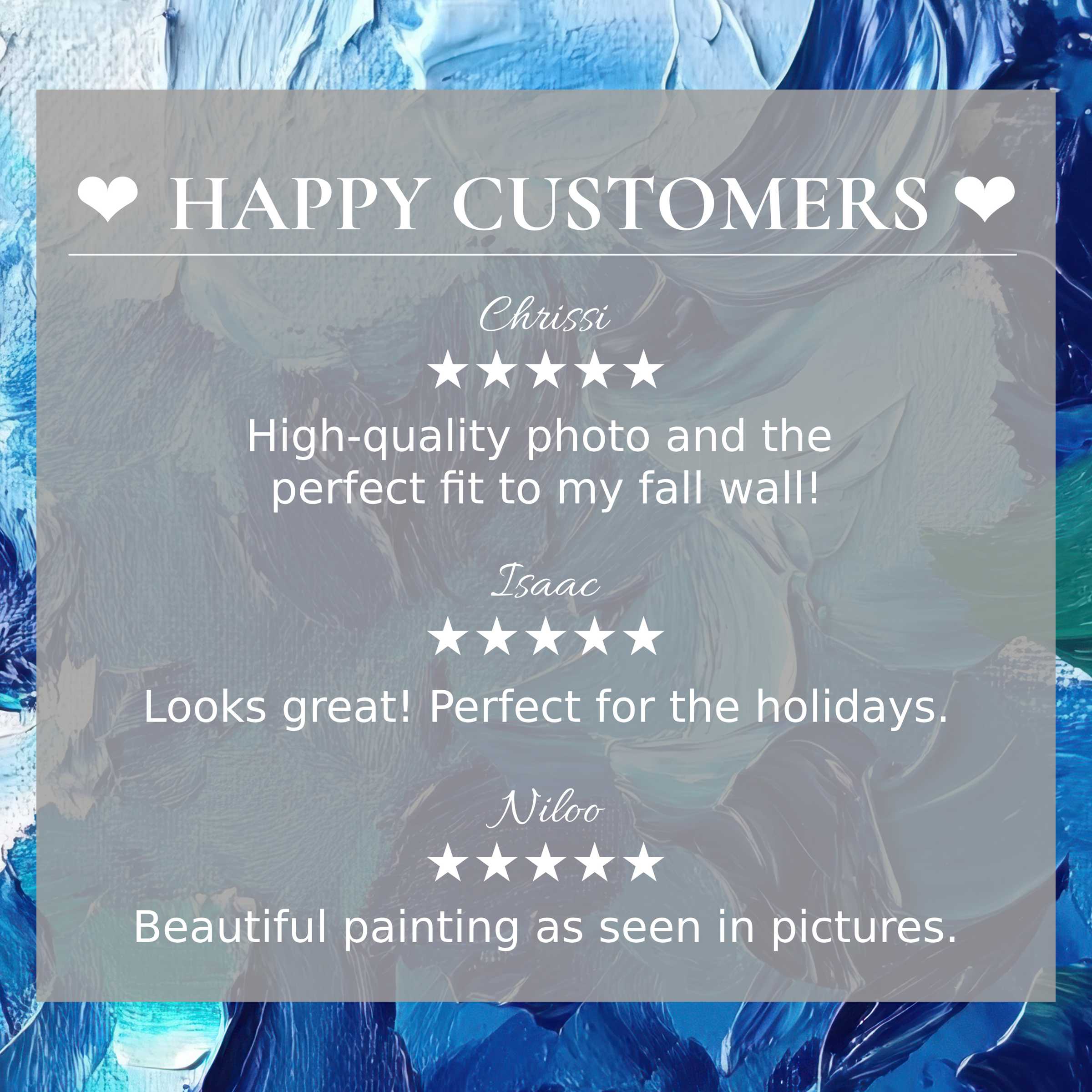 Abstract art for Frame TV with swirling blue hues, showcasing happy customer reviews that build trust and elegance