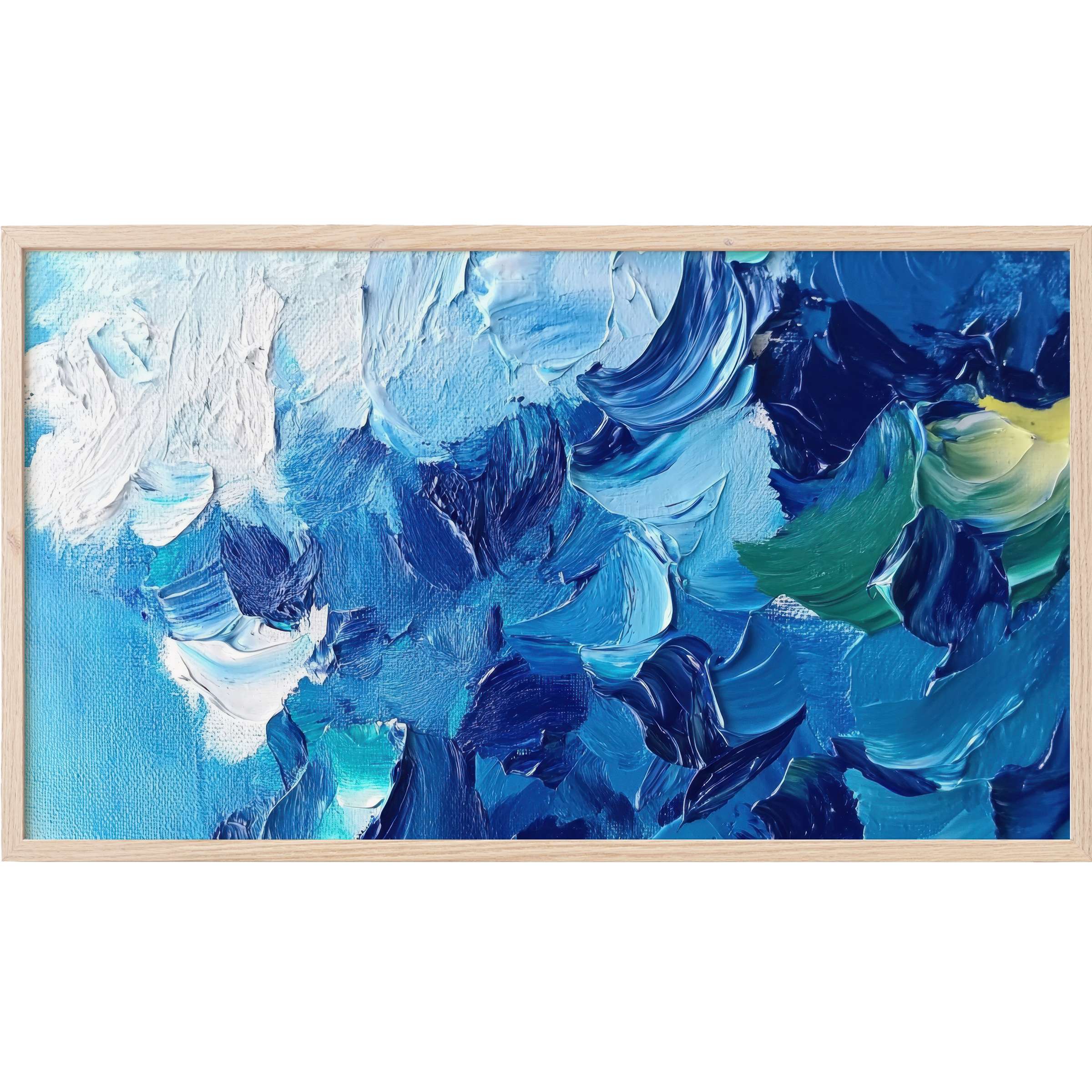 Abstract Frame TV Art in rich blues, teals, and white tones with bold, textured brushstrokes for modern elegance