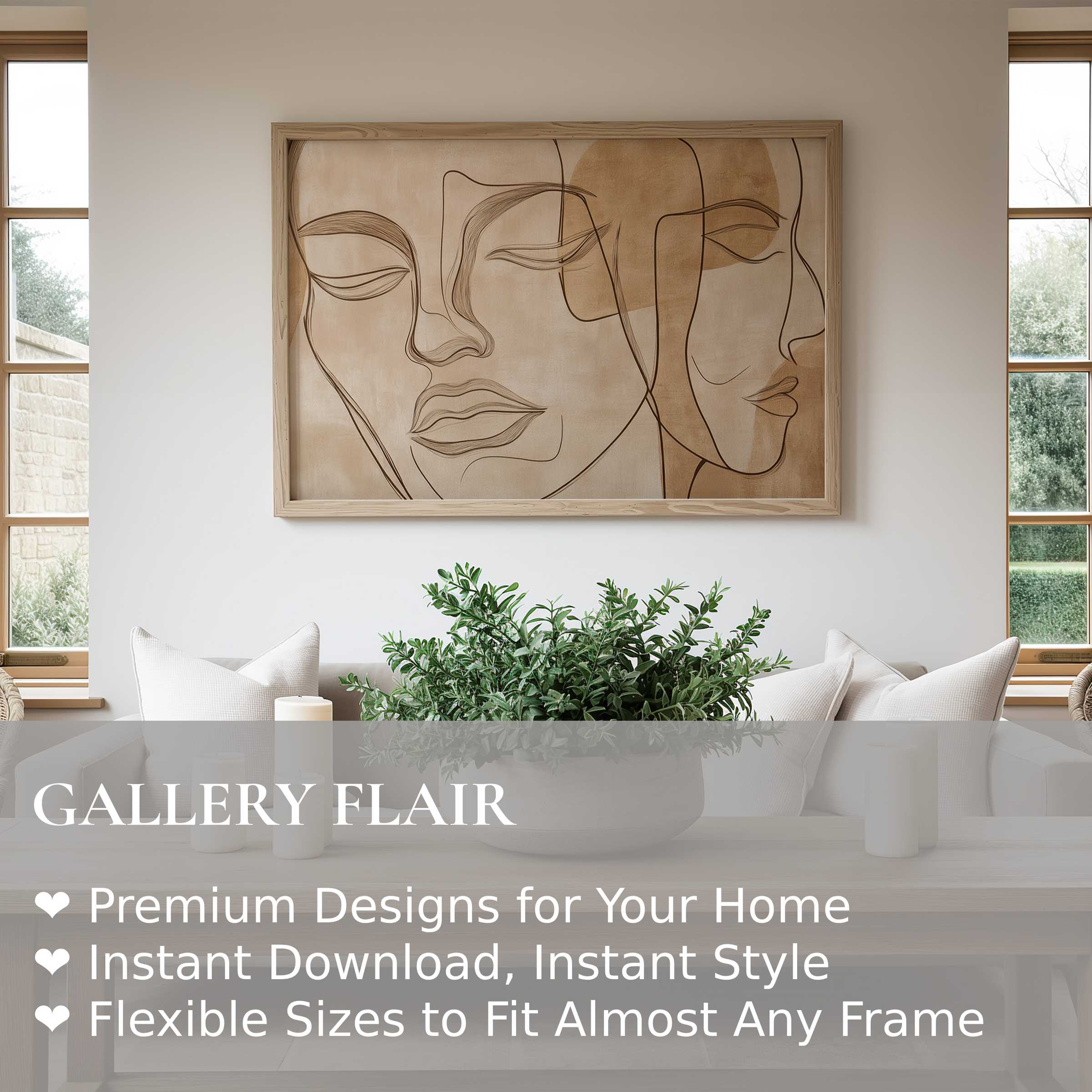 Neutral wall art print featuring elegant continuous line faces in warm earthy tones, enhancing modern minimalist interiors with calming, sophisticated gallery style
