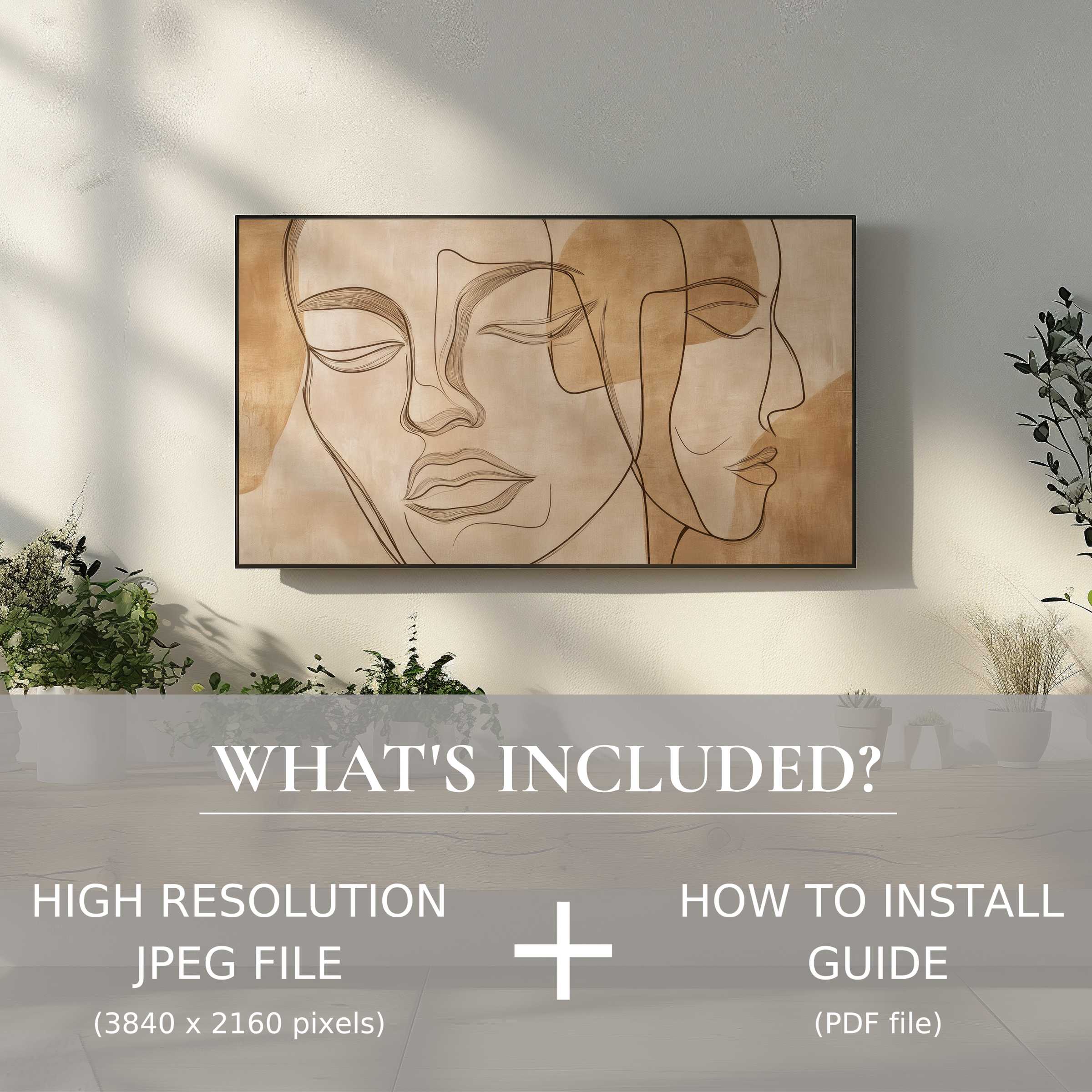 Elegant neutral digital TV art download with easy use, enhancing modern living spaces with warm, abstract line faces