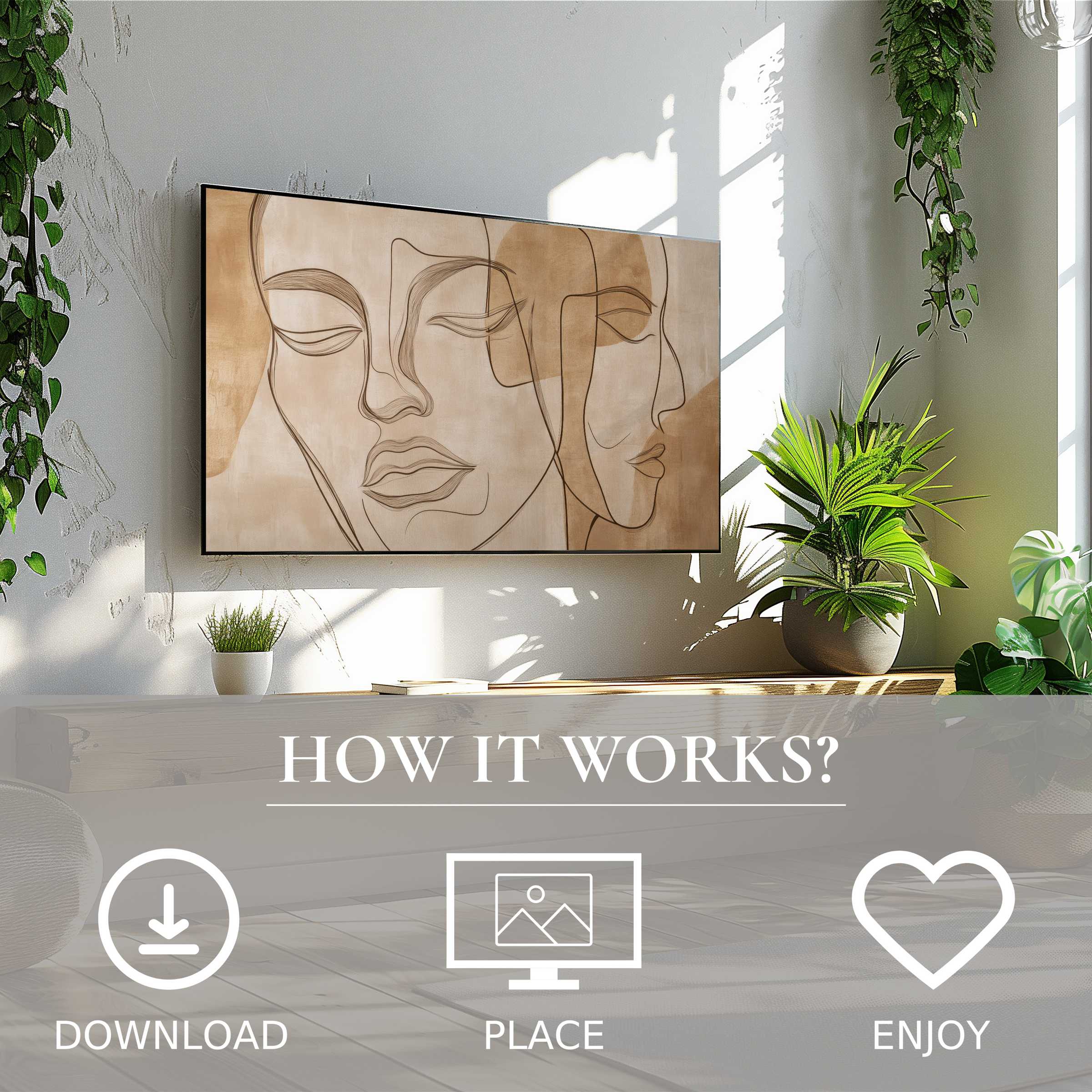 Neutral art for Samsung TV with soft beige face lines; easy digital download enriches modern living spaces