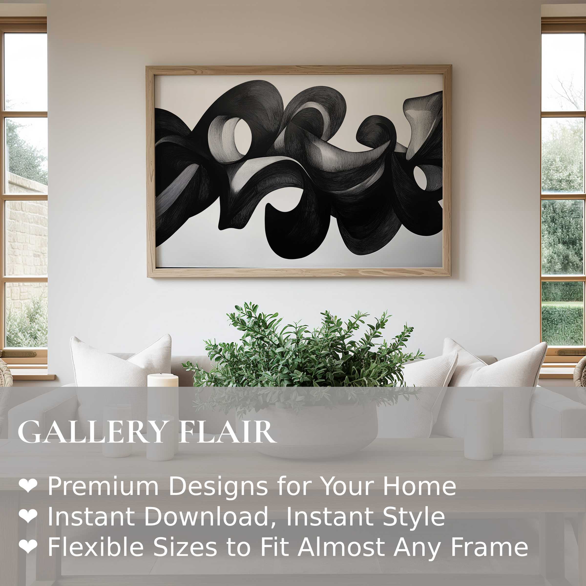 Elegant black and white wall art print featuring bold abstract curves, enriching a modern minimalist living room with refined sophistication and visual depth