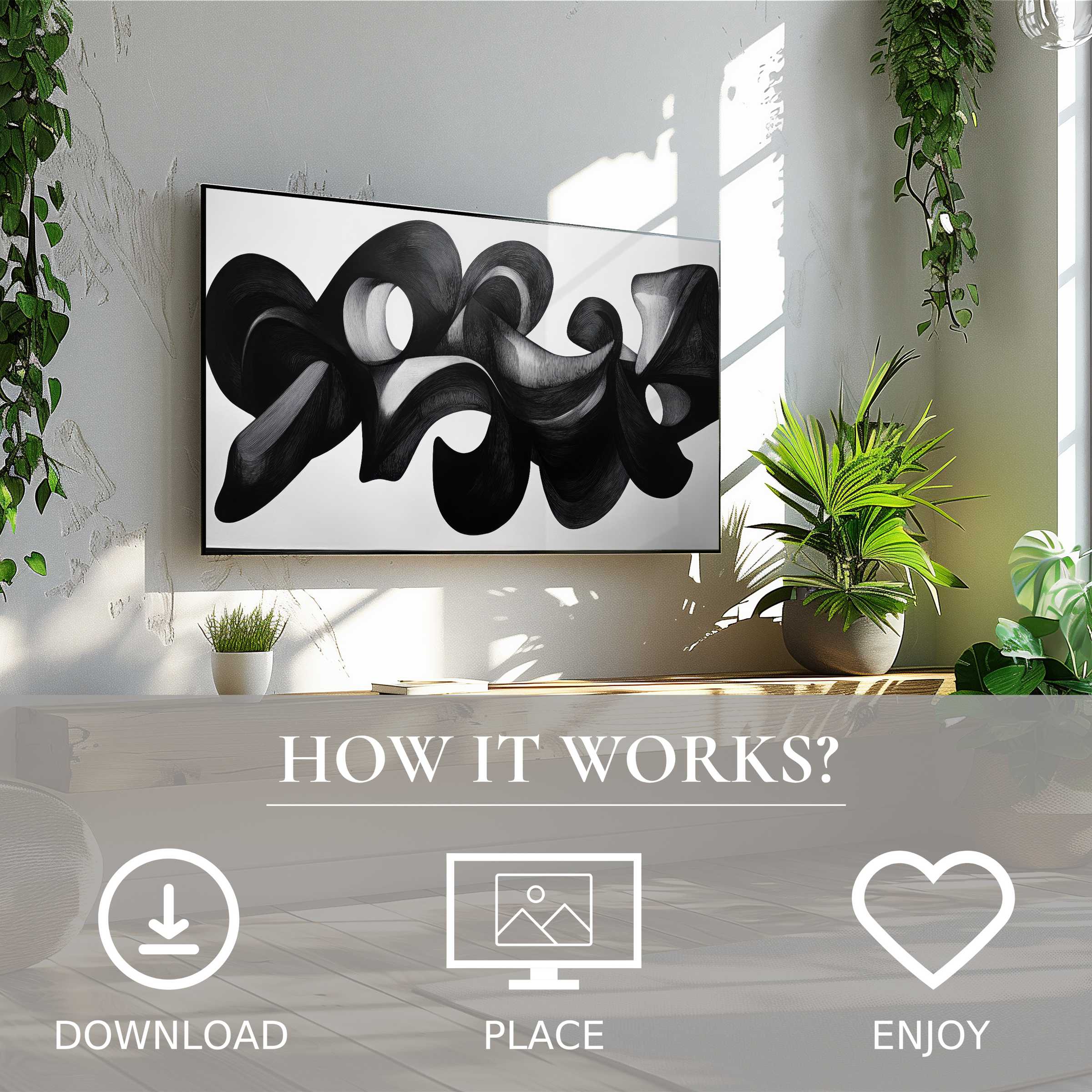 Black and white art for Samsung TV showing dynamic abstract flow, easy digital download enriches modern living spaces