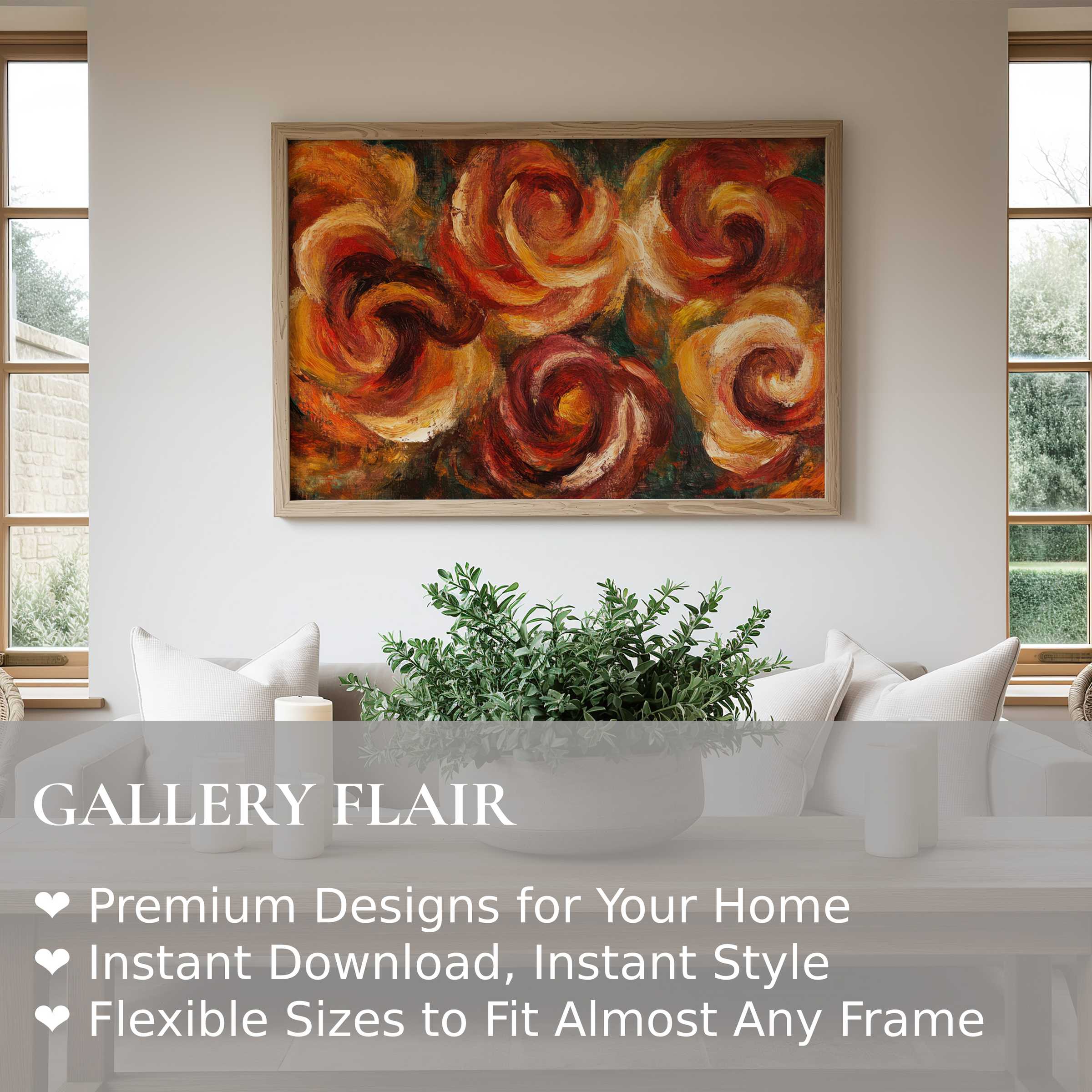 Floral wall art print with rich autumnal hues, radiating warm, bold energy in a serene modern living space with natural light