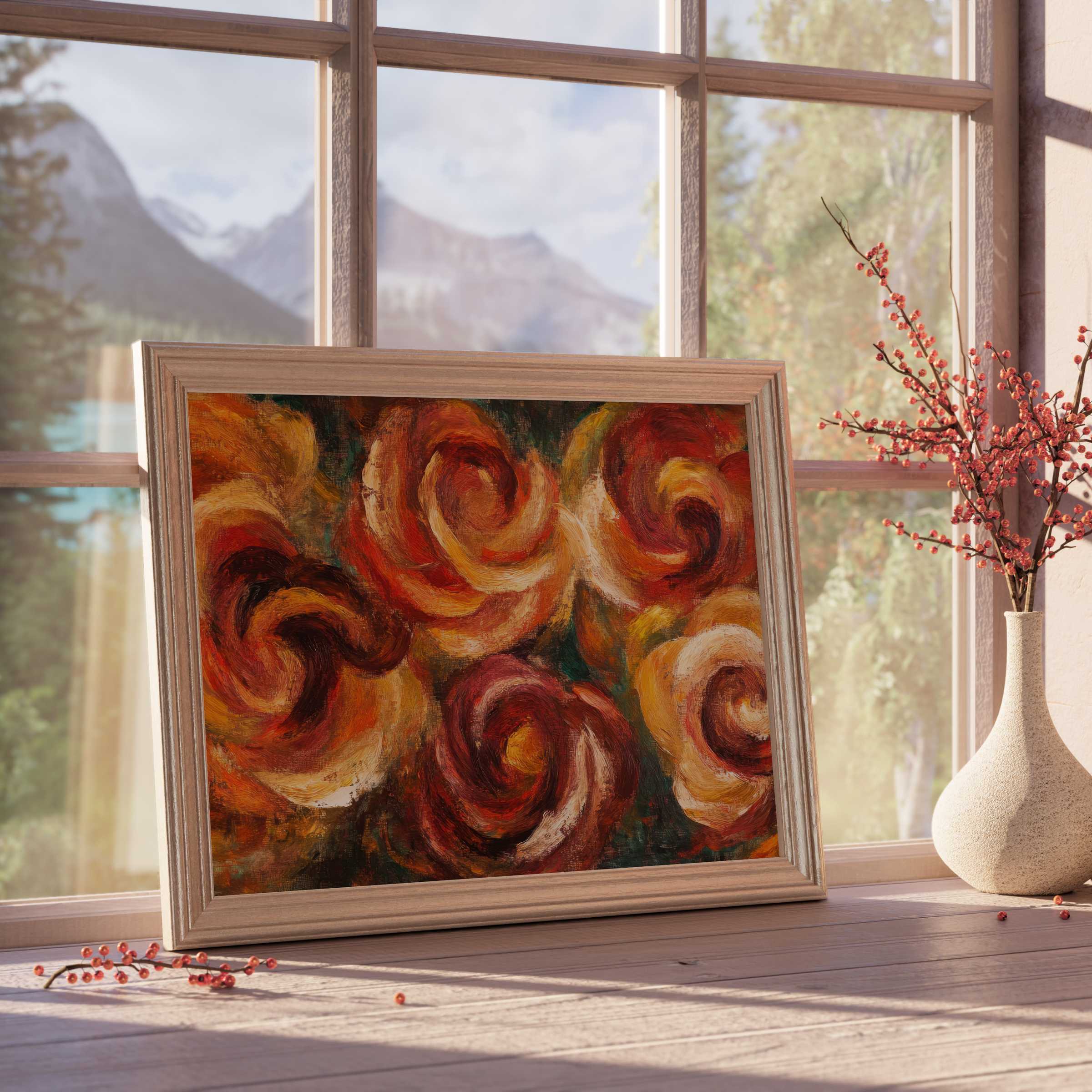 Floral downloadable art with warm, swirling roses in rich hues, elevating curated, tranquil interiors with elegant, nature-inspired charm