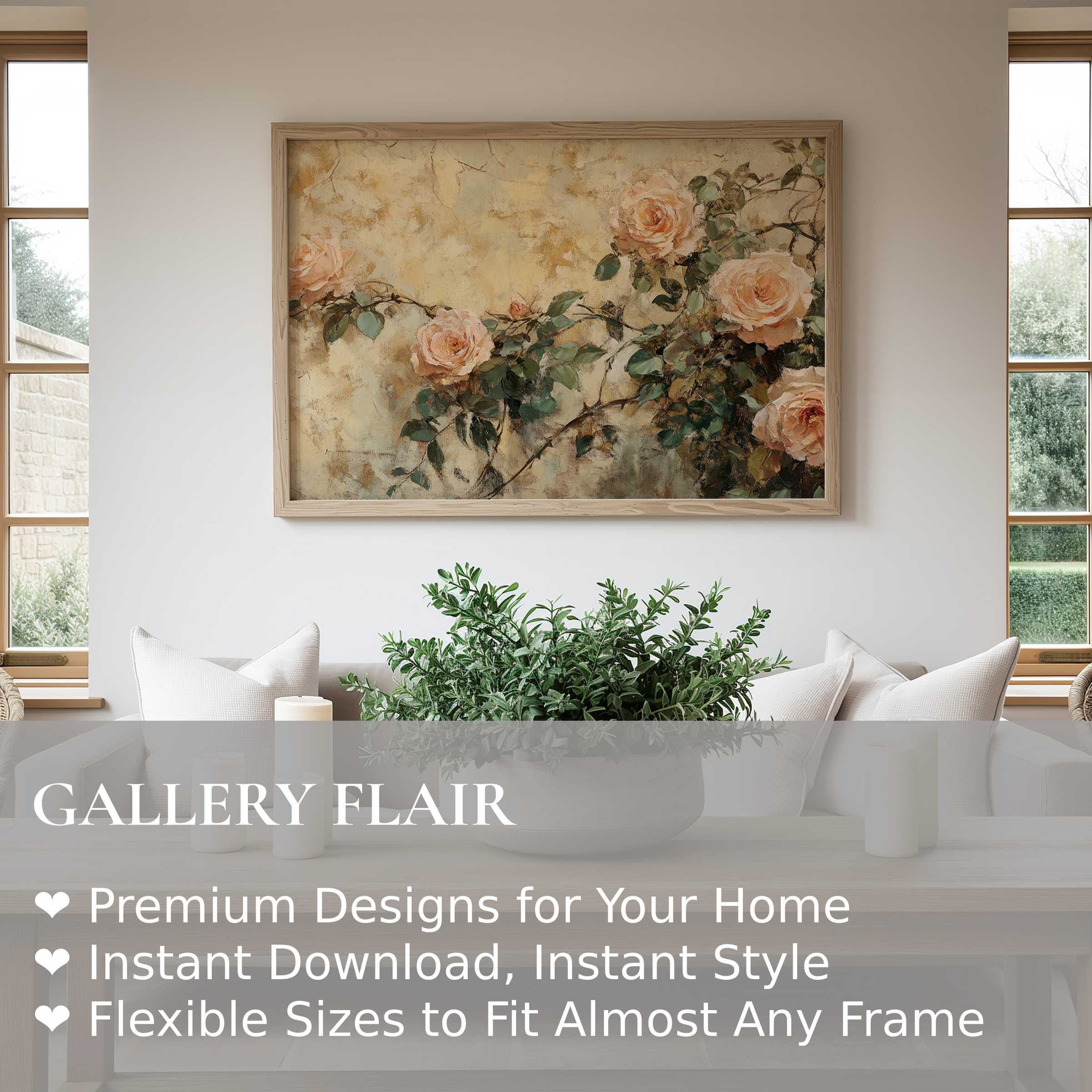 Spring wall art print of soft peach roses with lush green leaves, radiating calming elegance in a modern, serene living space