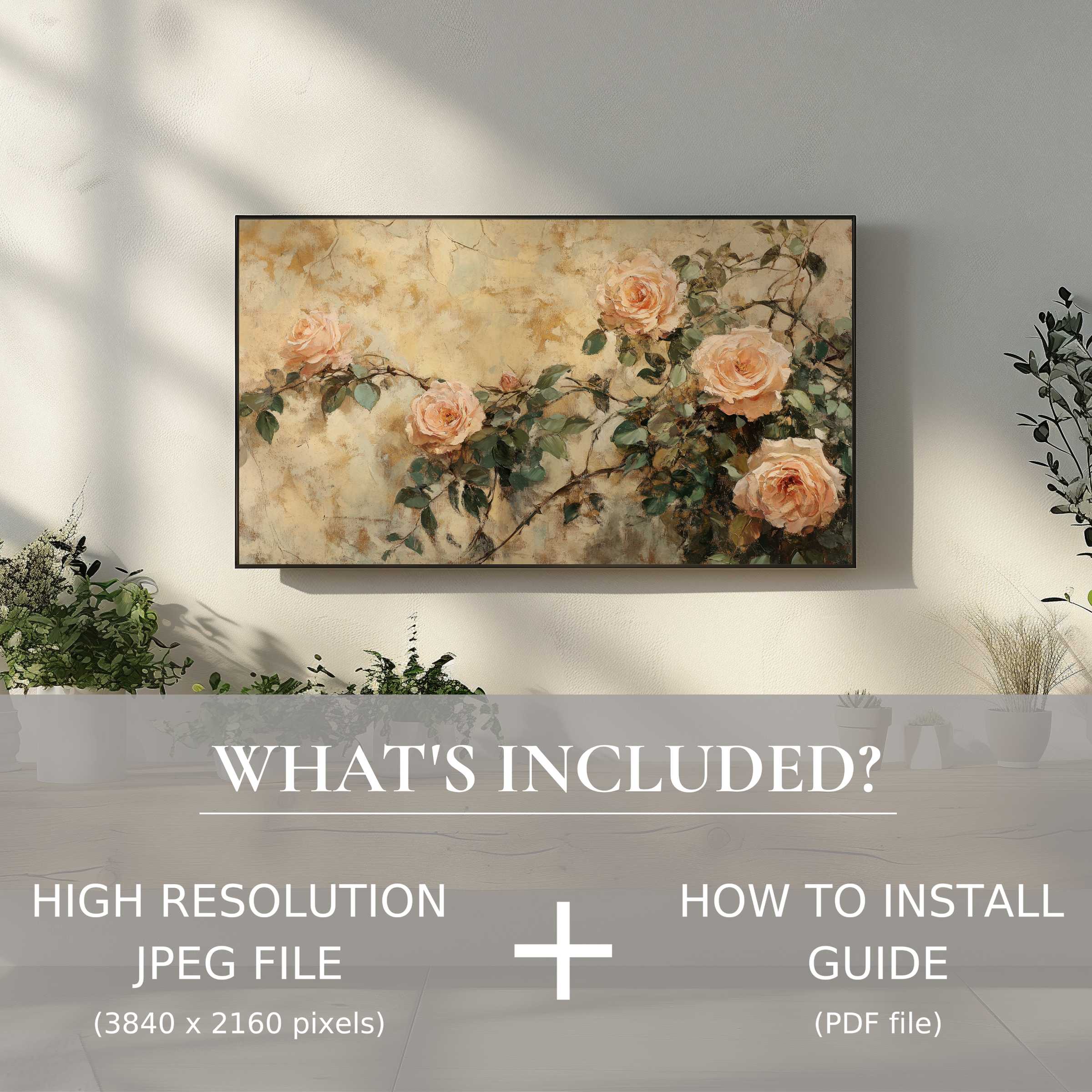 Elegant spring digital TV art download showcasing soft roses; easy digital use that elevates chic, modern living spaces