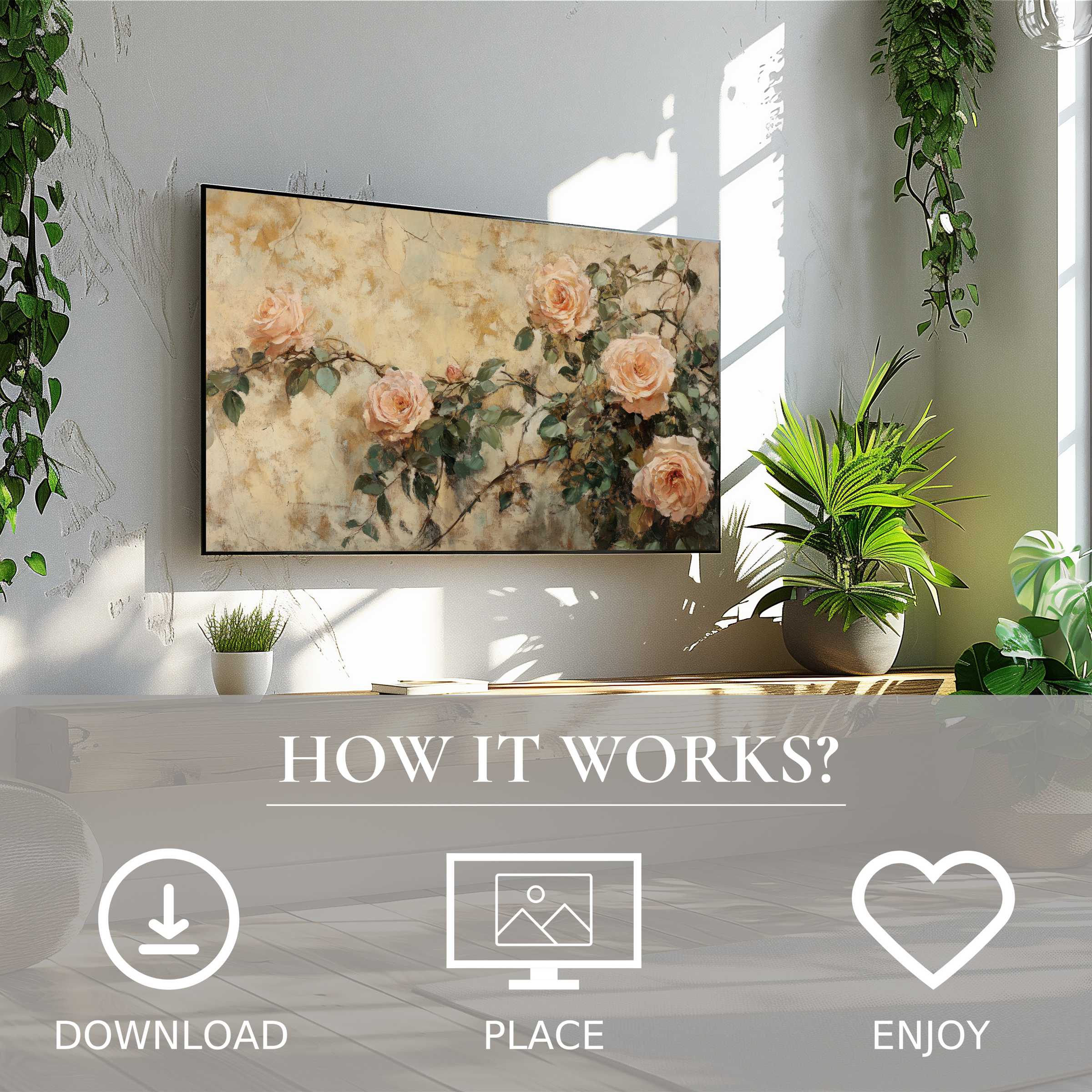 Spring art for Samsung TV shows soft peach roses on rustic backdrop; easy digital download enriches bright modern space