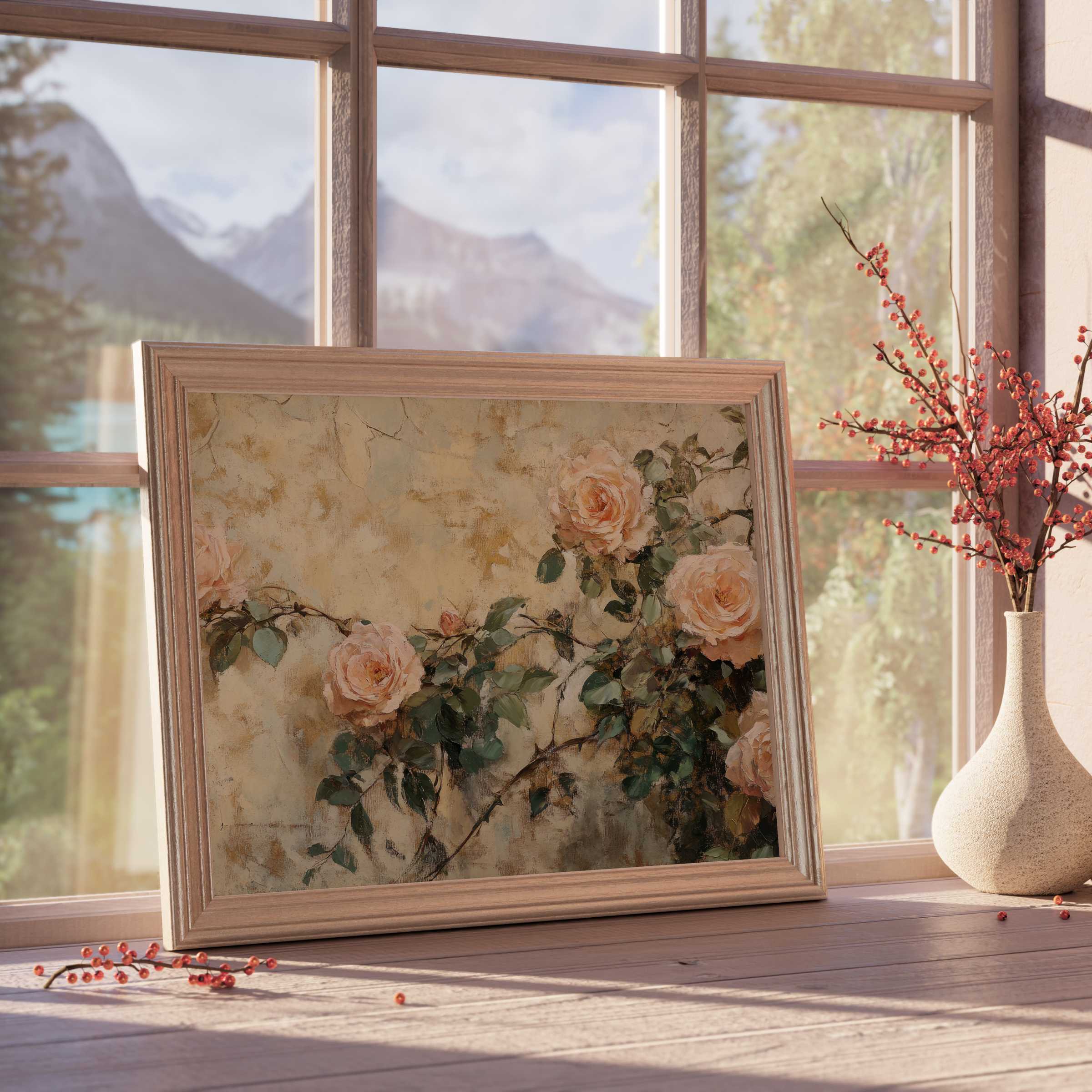 Elegant spring downloadable art featuring soft peach roses in a vintage frame, perfect for serene, curated interiors