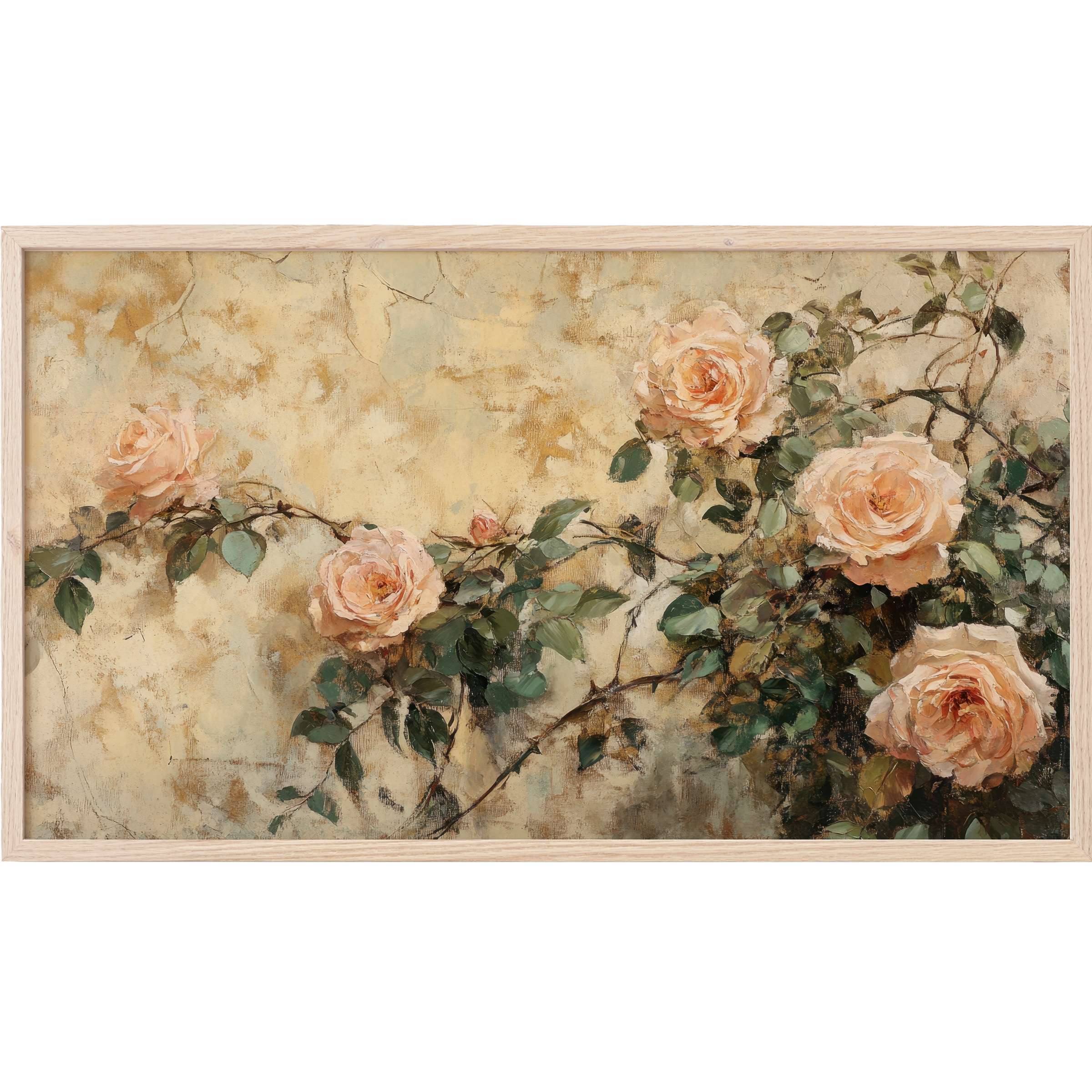 Elegant spring Frame TV Art with soft peach roses and muted greens on a textured beige background