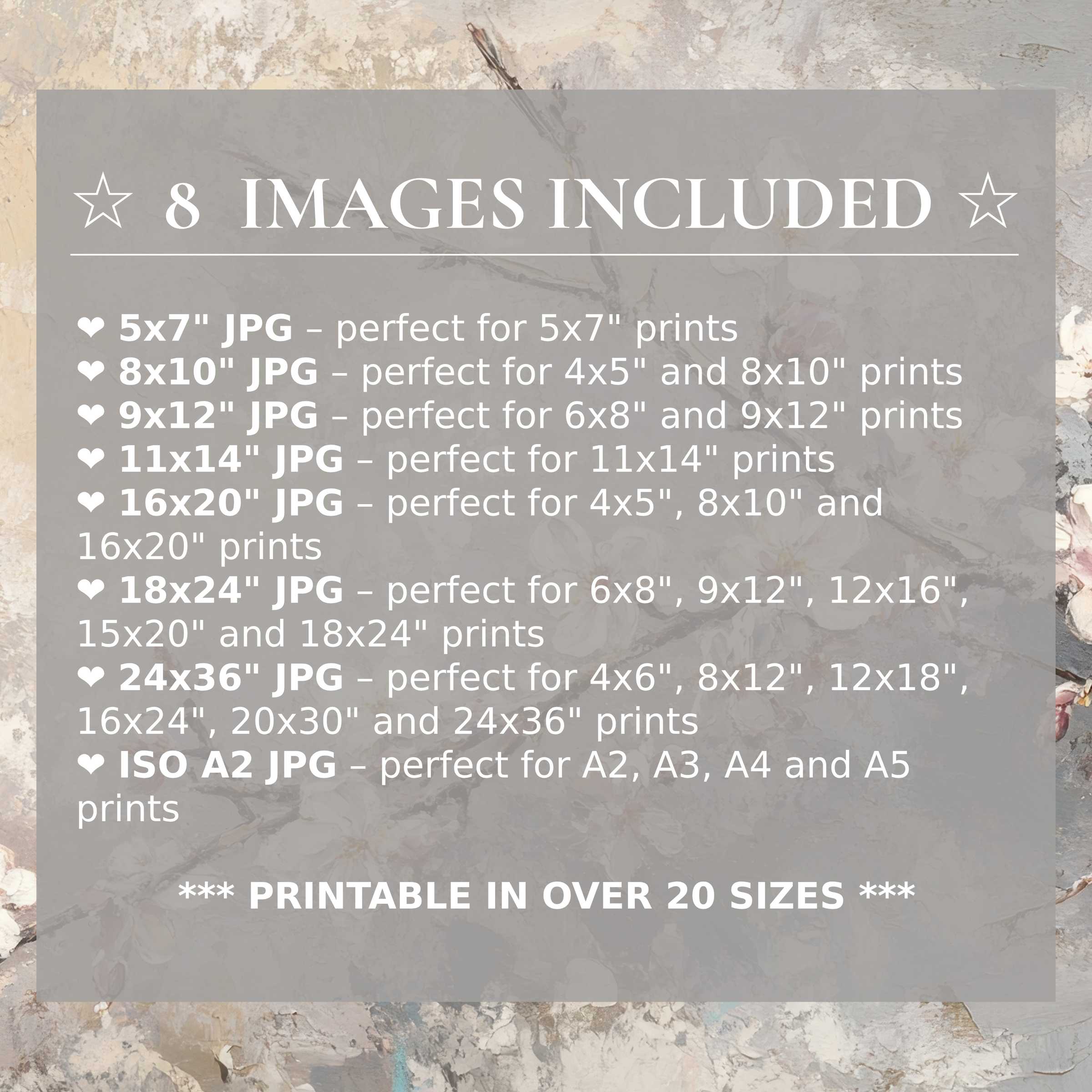 Print size guide showing 8 included JPG formats for versatile wall art printing – perfect for framing in popular sizes from 5x7 to 24x36 and A2