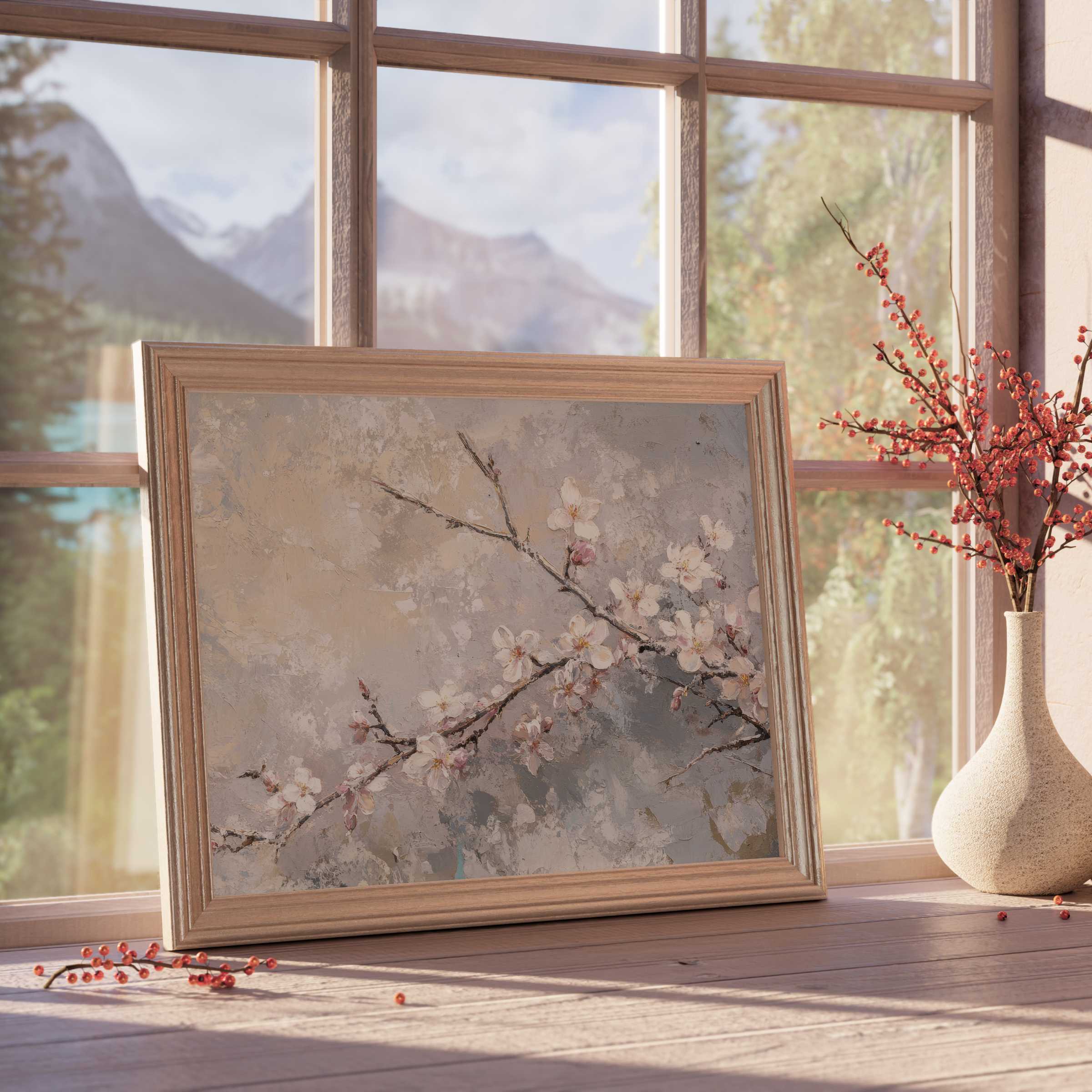 Graceful tree downloadable art with delicate blossoms, enhancing serene, curated interiors with timeless elegance and warm natural light