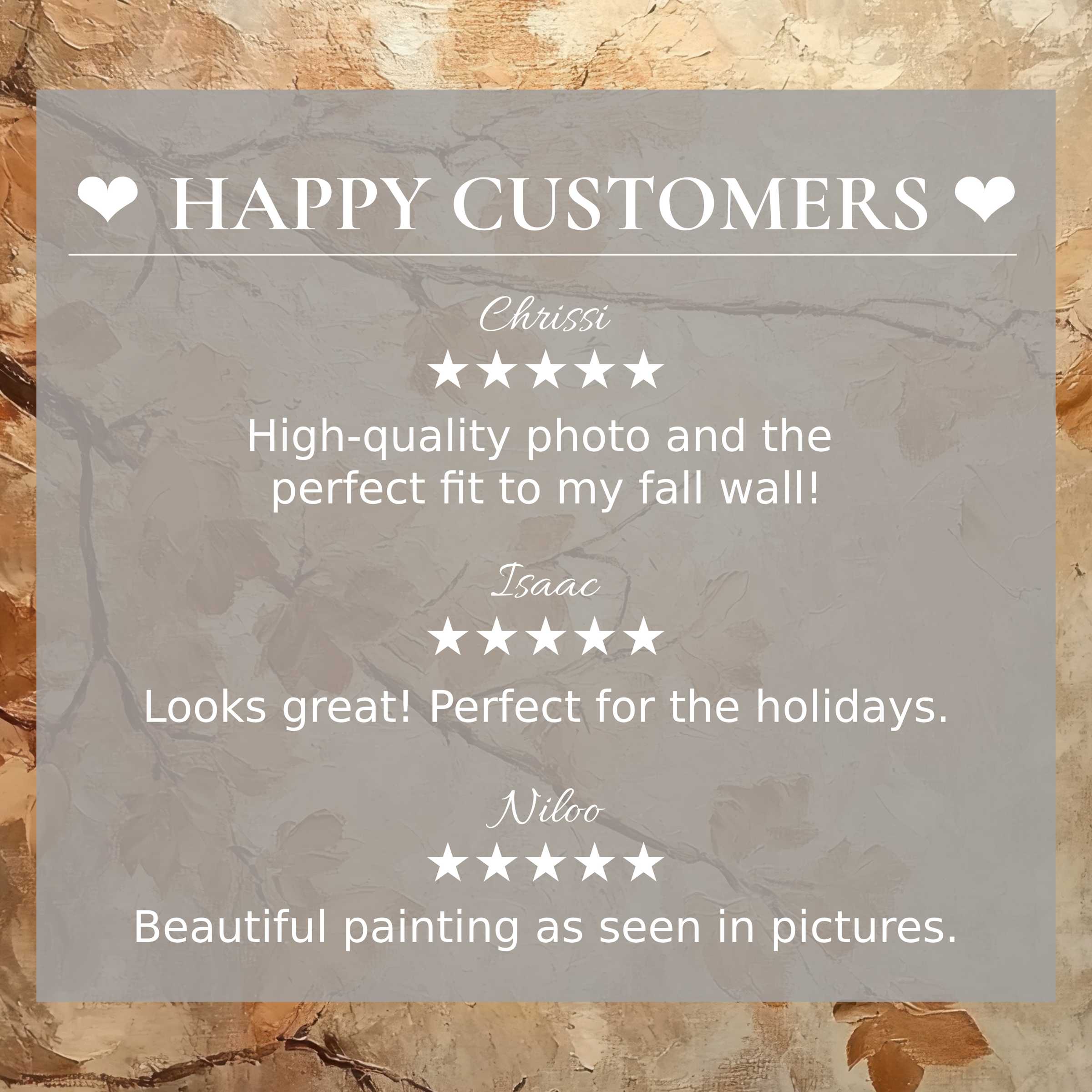 Elegant fall art for Frame TV with warm abstract tones, showcasing happy customer praise and refined product aesthetics