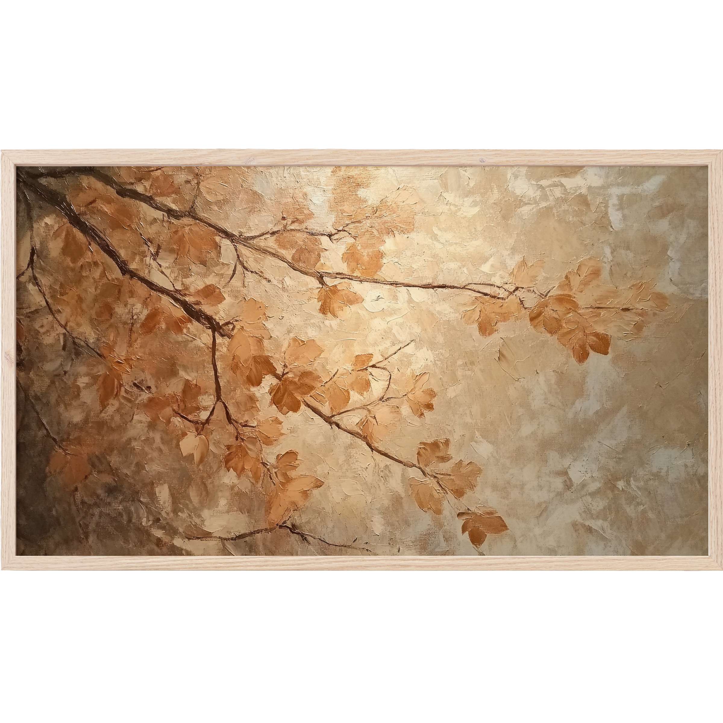 Fall Frame TV Art showcasing textured ochre and beige leaves on delicate branches in a soft, modern palette