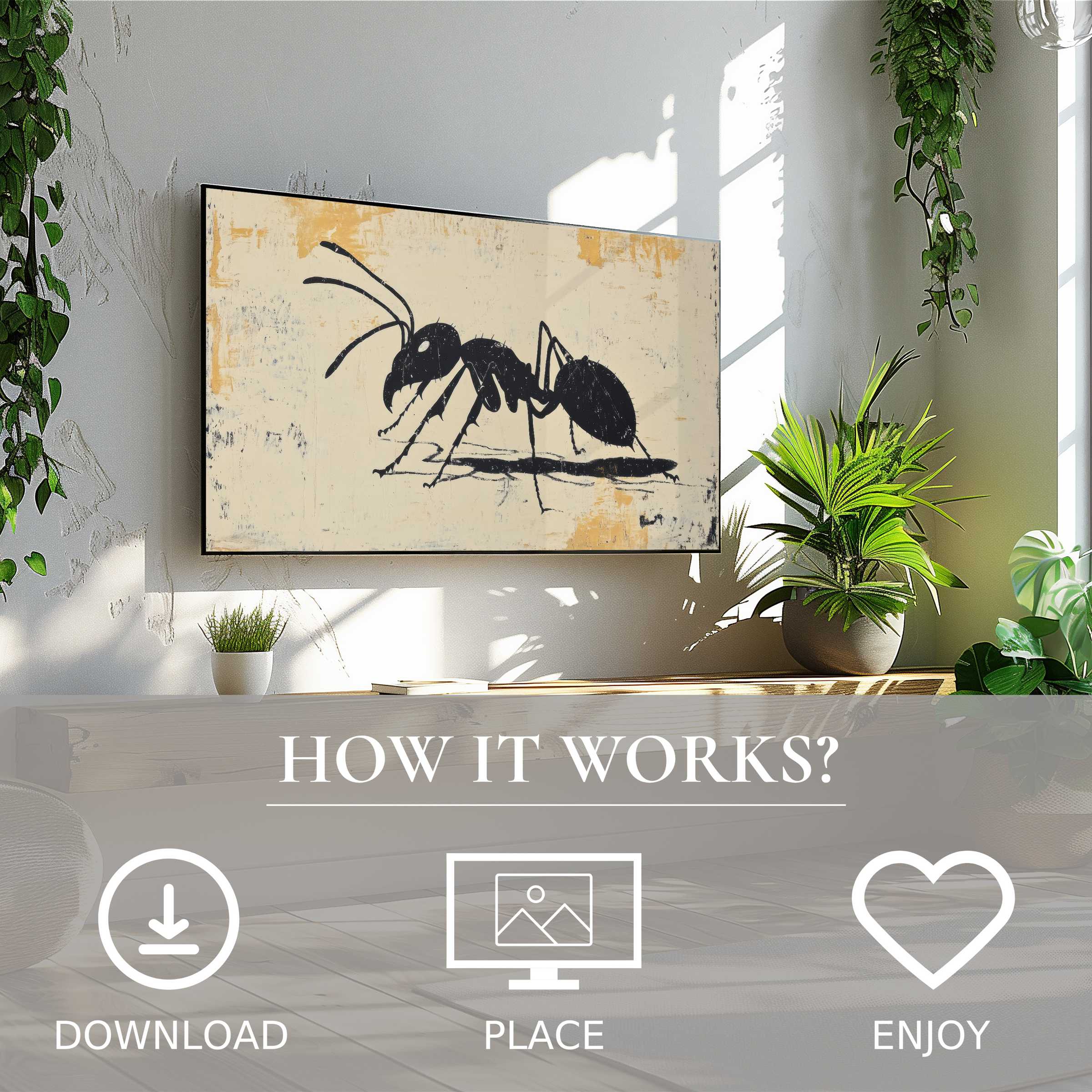 Minimalist art for Samsung TV shows a bold black ant on soft beige, easy digital download enriches serene modern decor