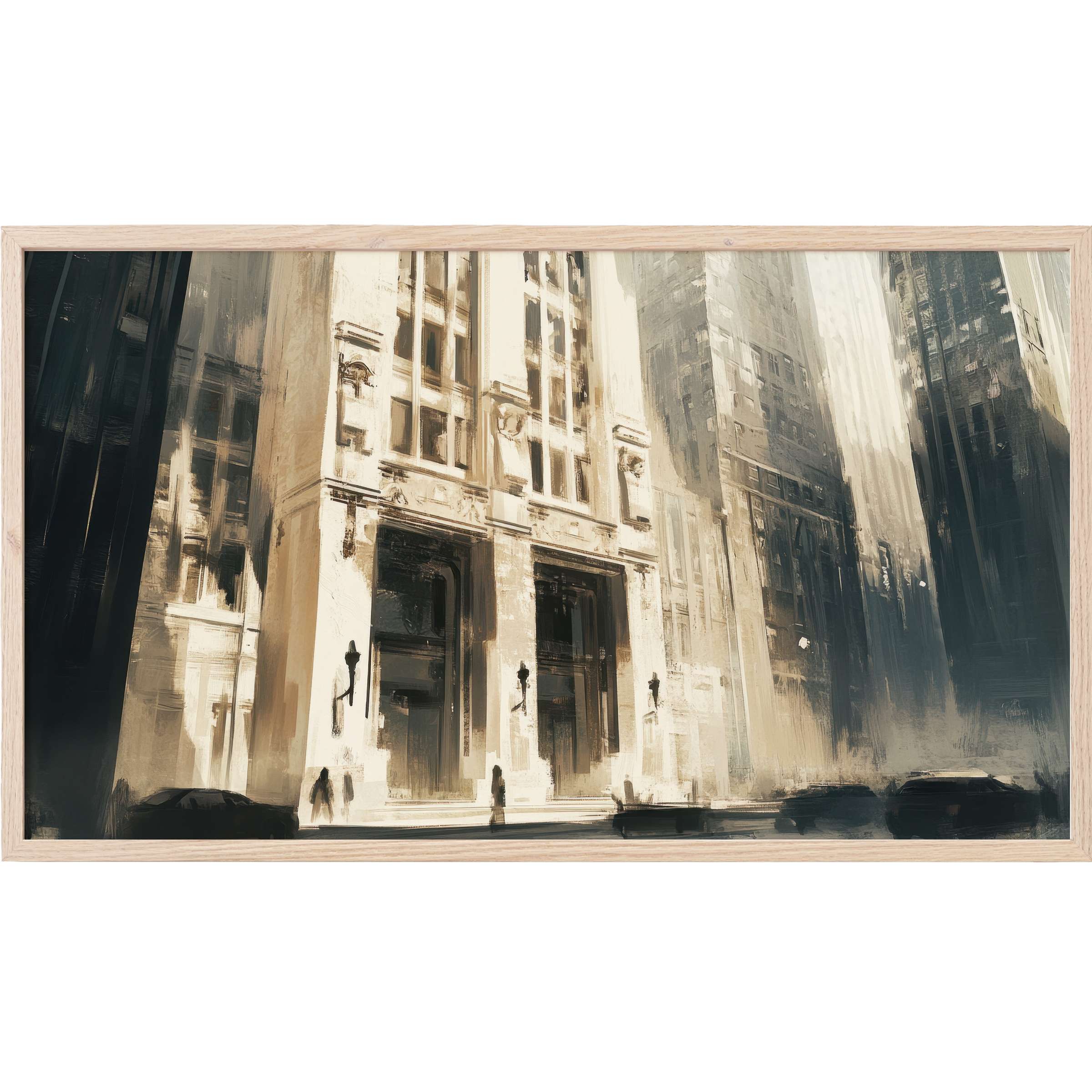Urban Frame TV Art depicting a sunlit cityscape with elegant beige and dark gray tones in a modern brushstroke style