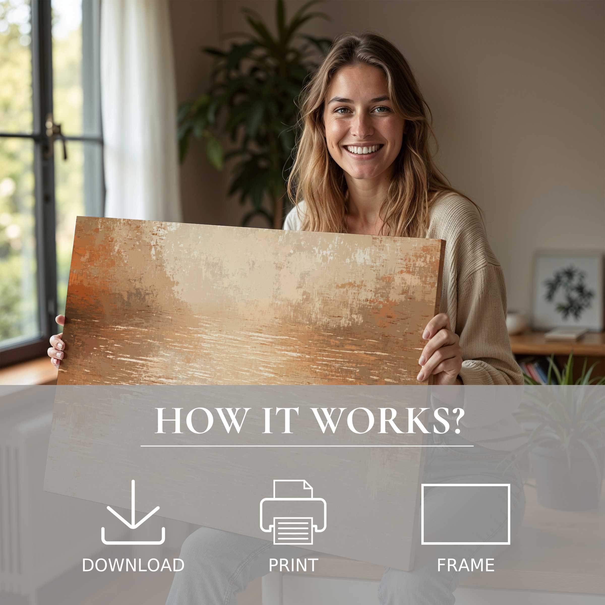 A serene moment of joy embracing a vintage digital art print, elevating modern living with effortless elegance