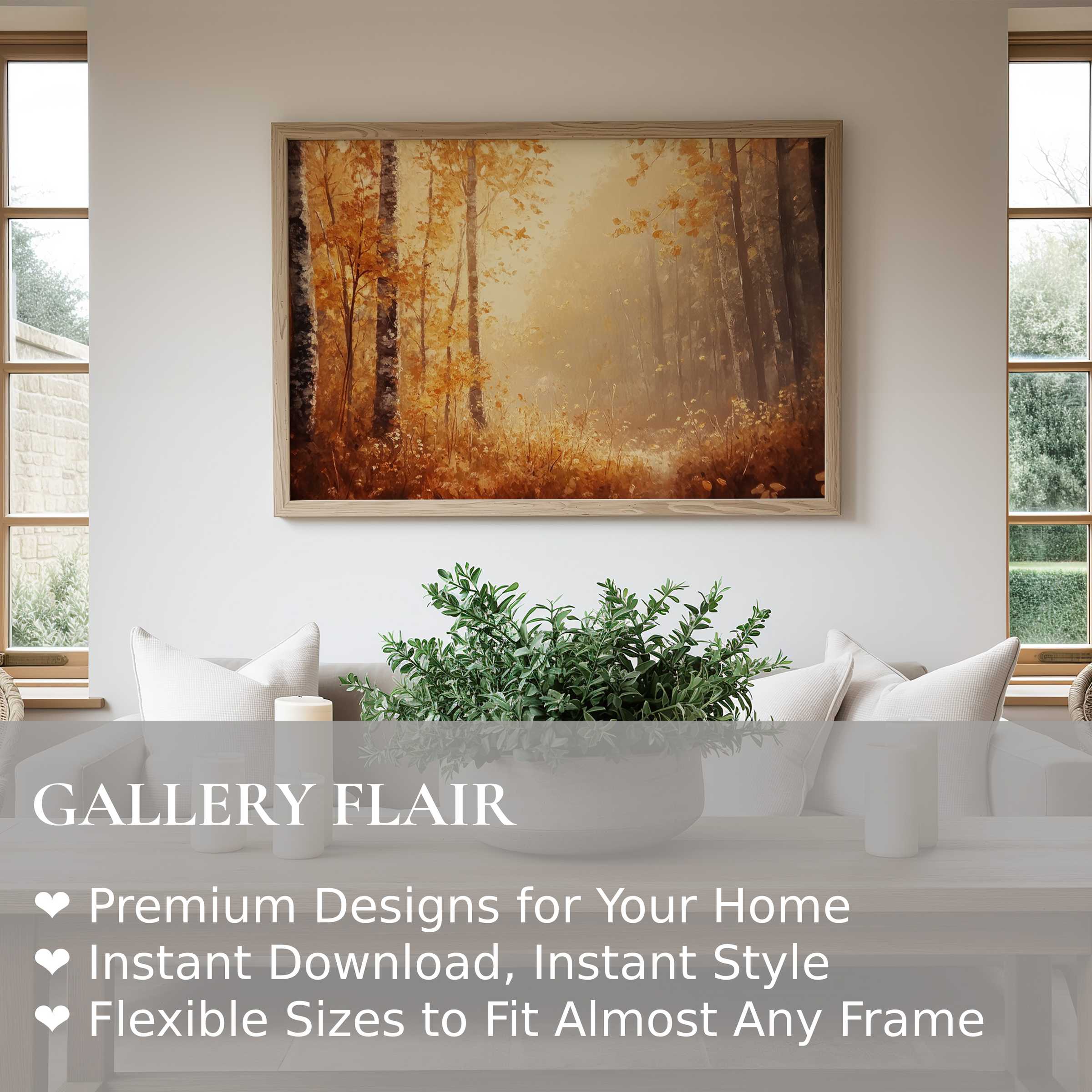 Botanical wall art print capturing a radiant autumn forest scene, bringing warm, calming elegance to modern minimalist interiors