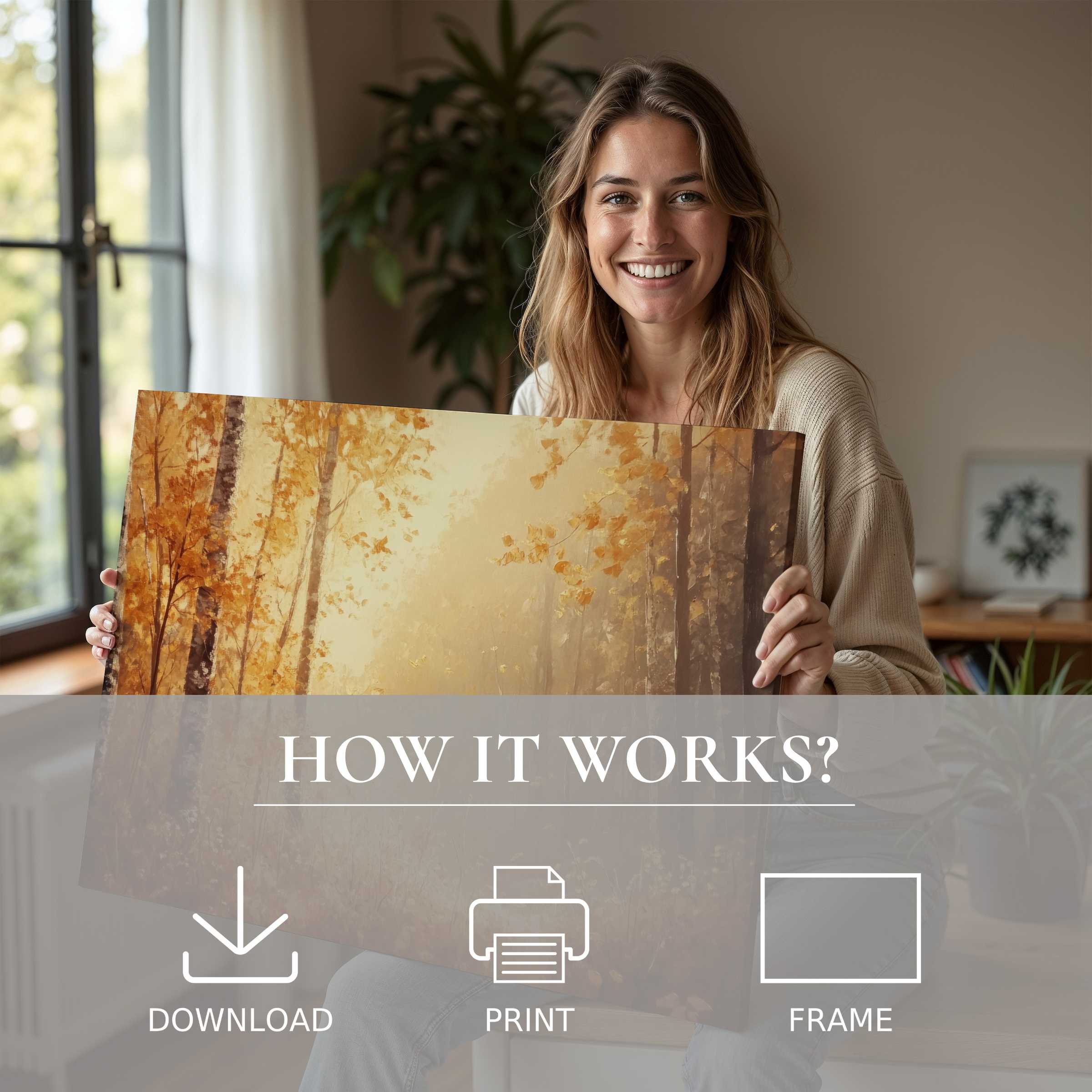 Woman’s joyful embrace of botanical digital art print in warm autumn hues, elevating modern home with effortless elegance