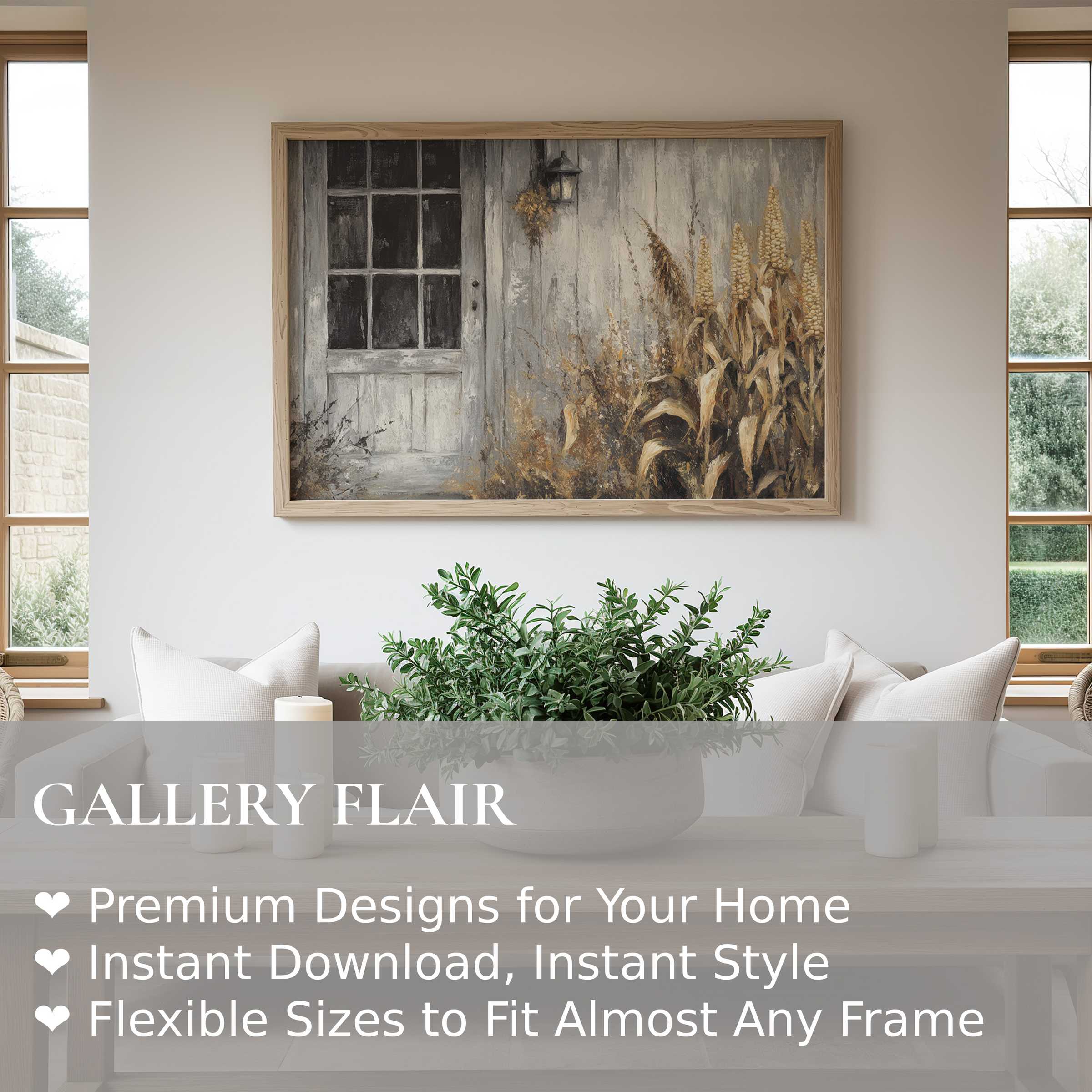 Farmhouse wall art print featuring a rustic barn door and dried cornstalks, evoking warm, calming charm in a modern farmhouse living space