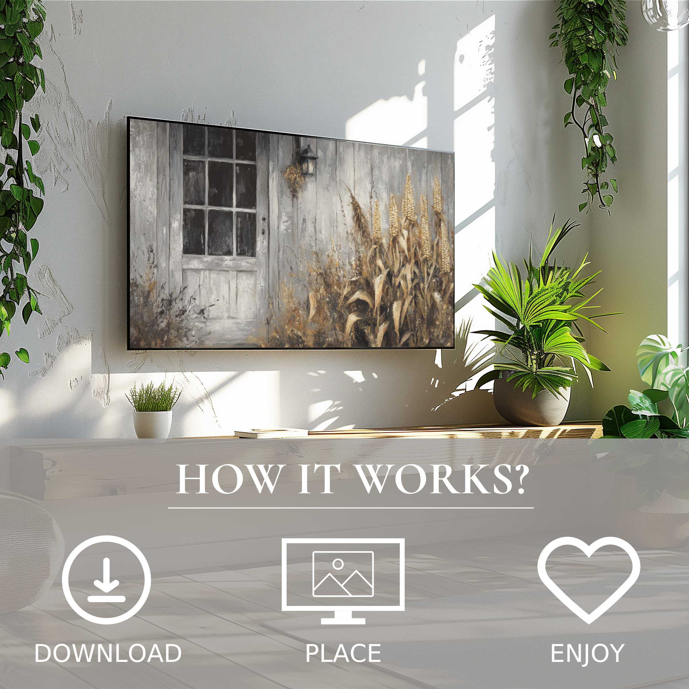 Farmhouse art for Samsung TV shows soft autumn tones on the Frame TV; easy digital download enhances bright living space