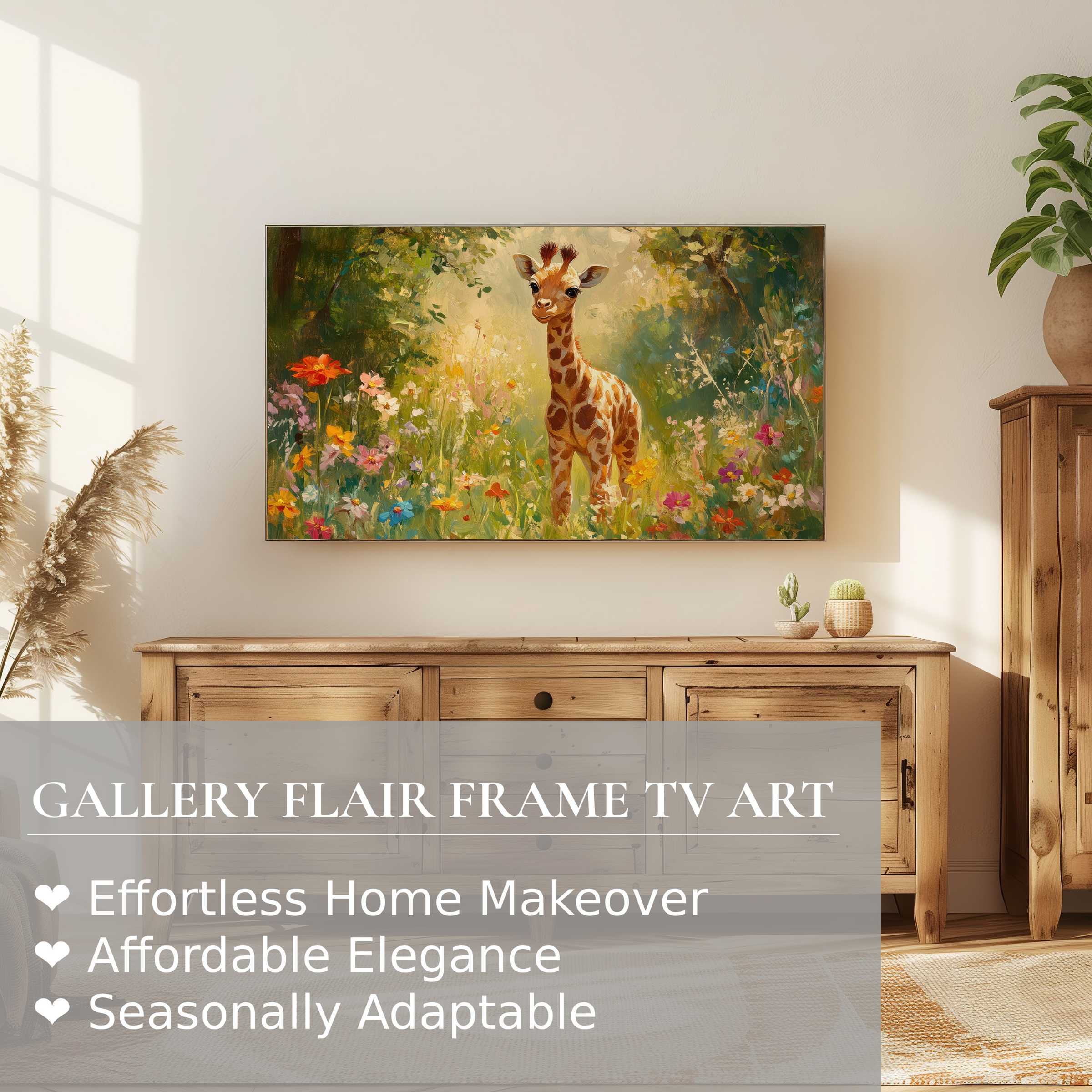 Modern nursery digital artwork of a giraffe in florals displayed on Samsung Frame TV in warm, elegant home decor setting