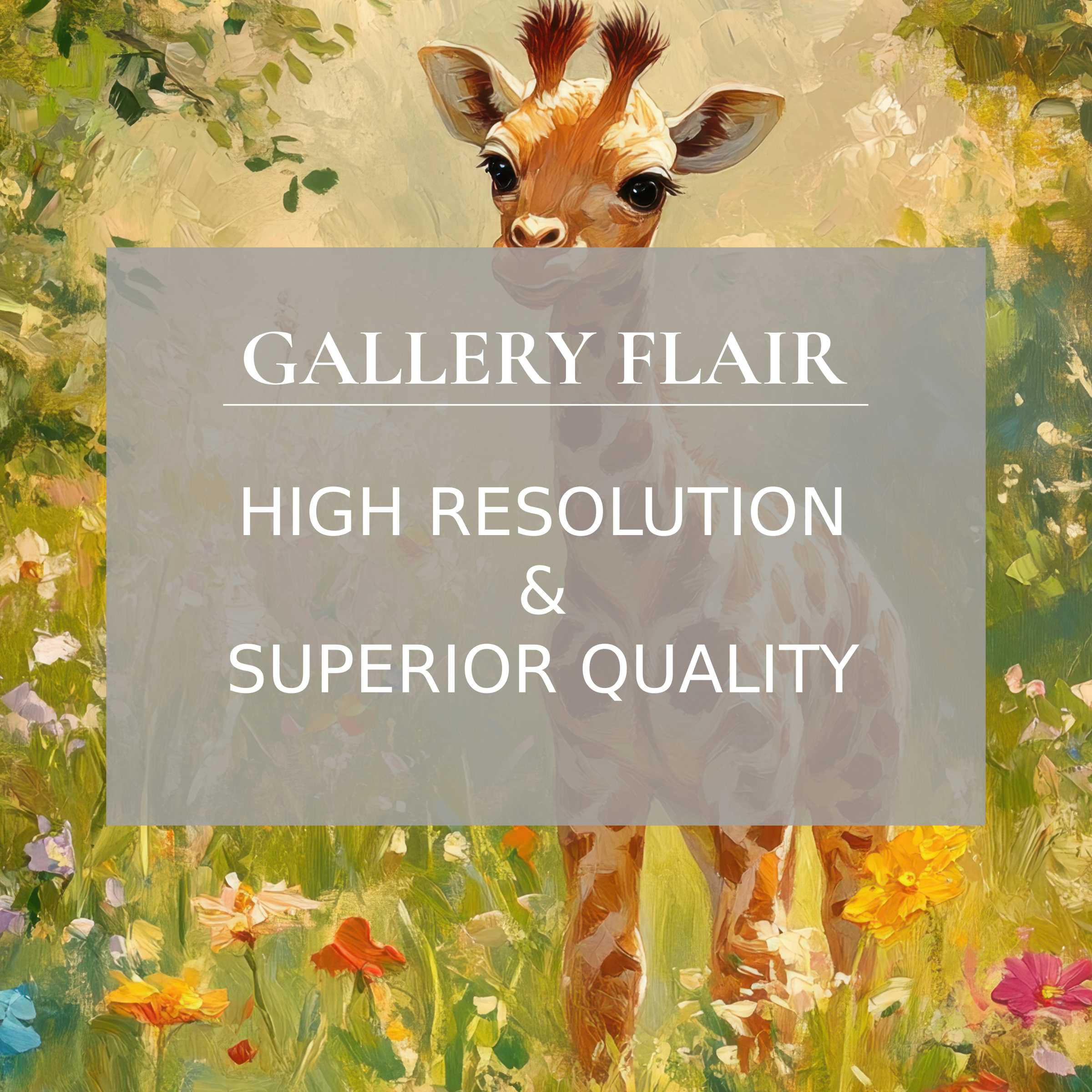 Nursery printable art featuring a serene baby giraffe amid vibrant blooms, exquisitely detailed for modern, stylish nurseries