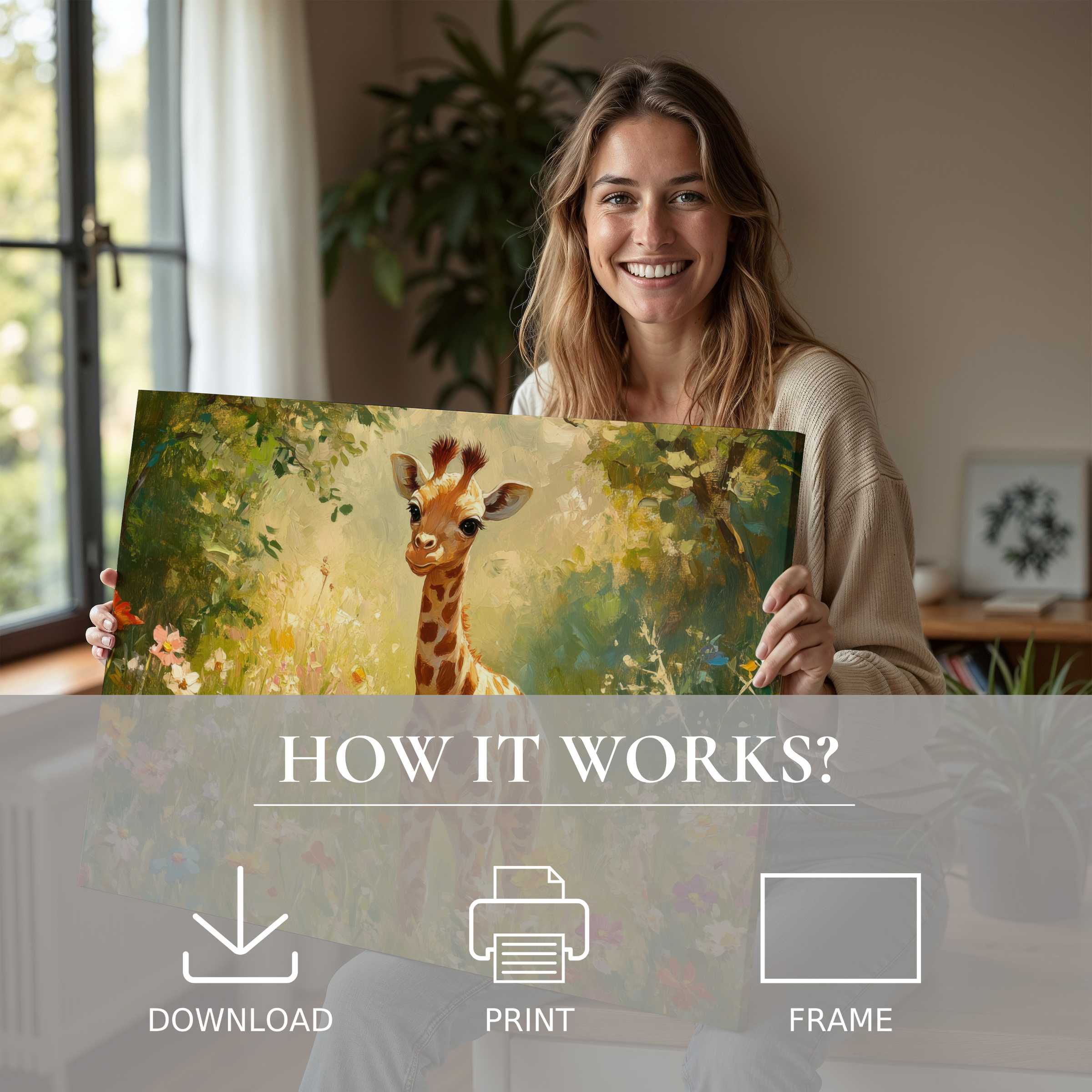 A radiant moment of joy as serene nursery digital art print breathes warmth and charm into a modern home