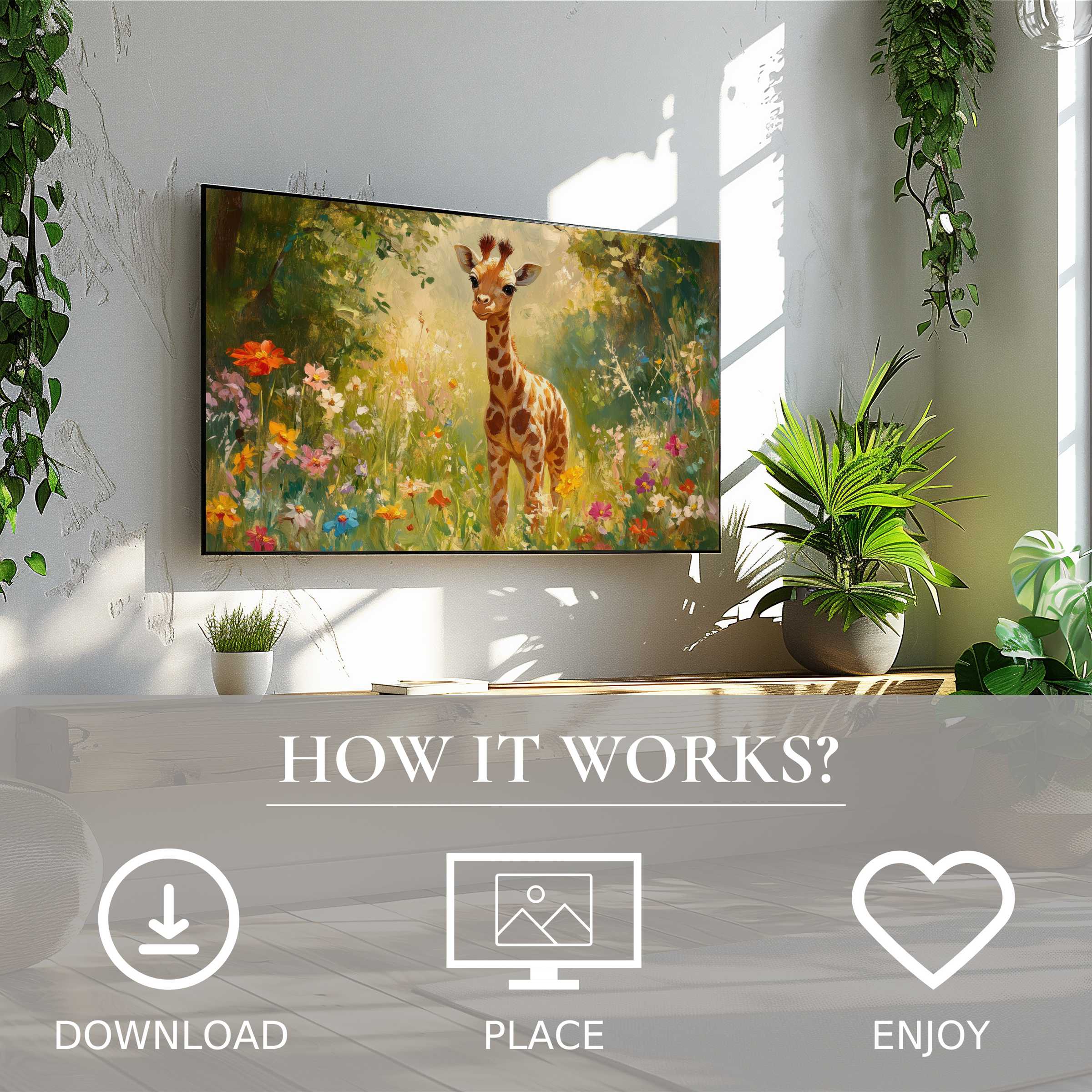 Nursery art for Samsung TV shows a gentle giraffe in vibrant garden tones, easy digital download enriches style