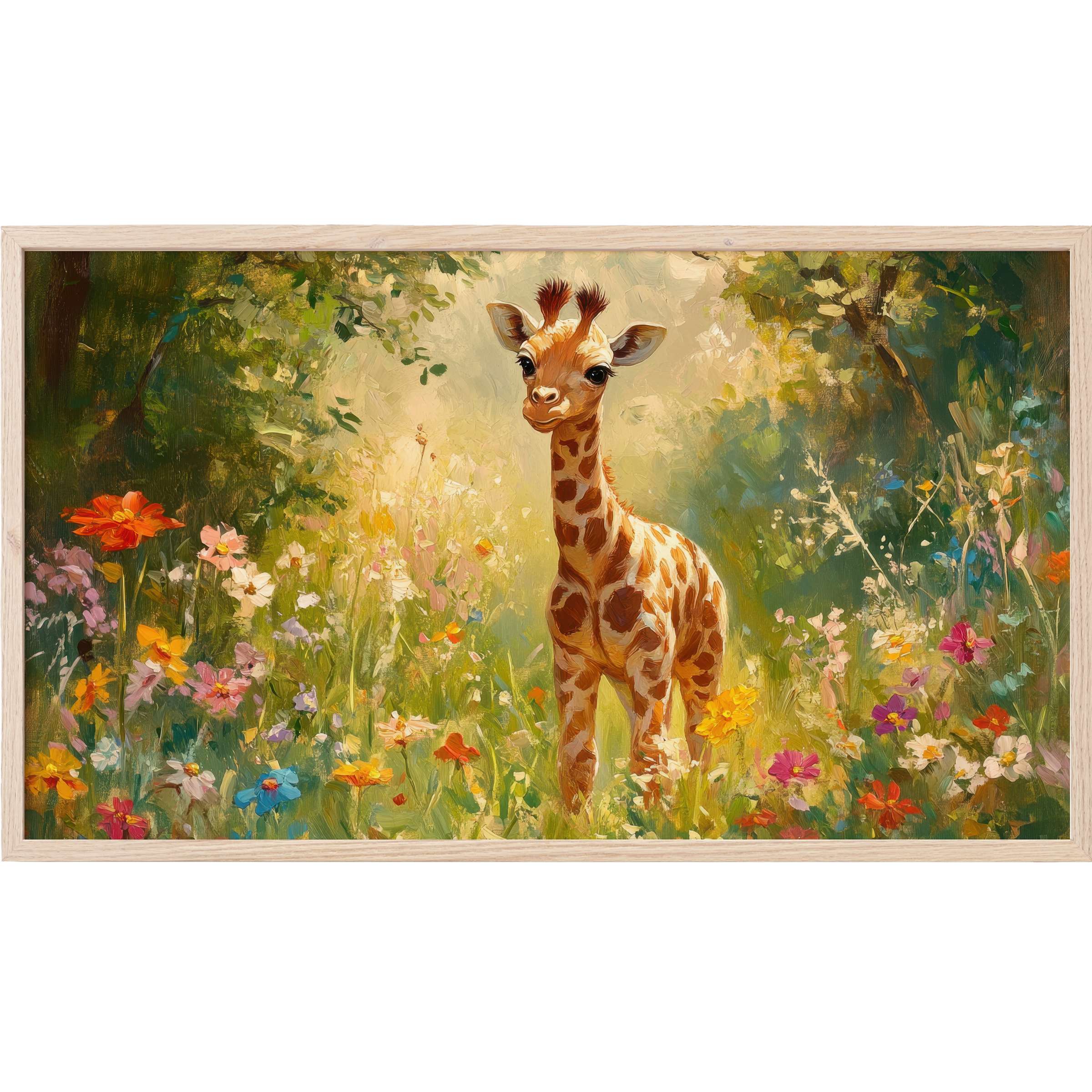 Charming giraffe in a vibrant floral meadow, softly lit with warm tones - nursery Frame TV Art for stylish nurseries
