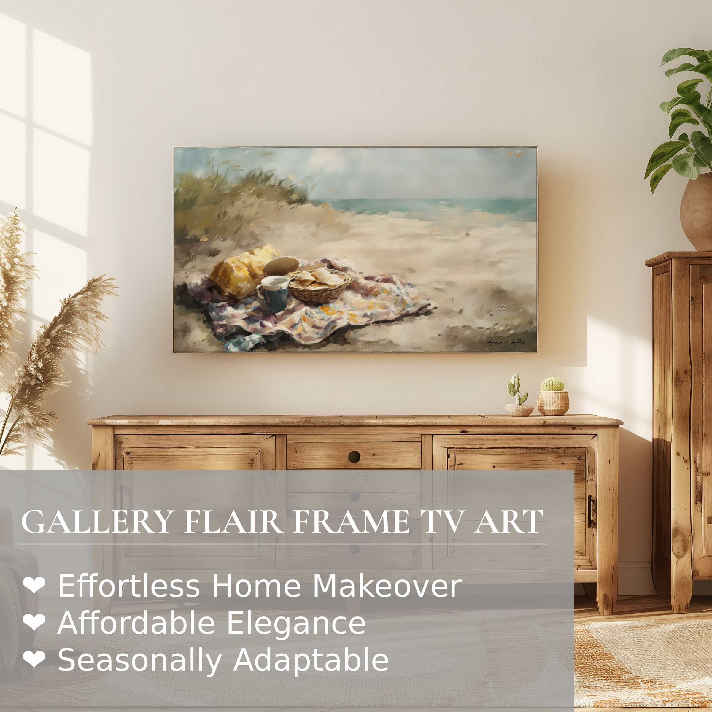 Samsung Frame TV showcasing soft beach digital artwork, blending modern elegance with serene coastal charm