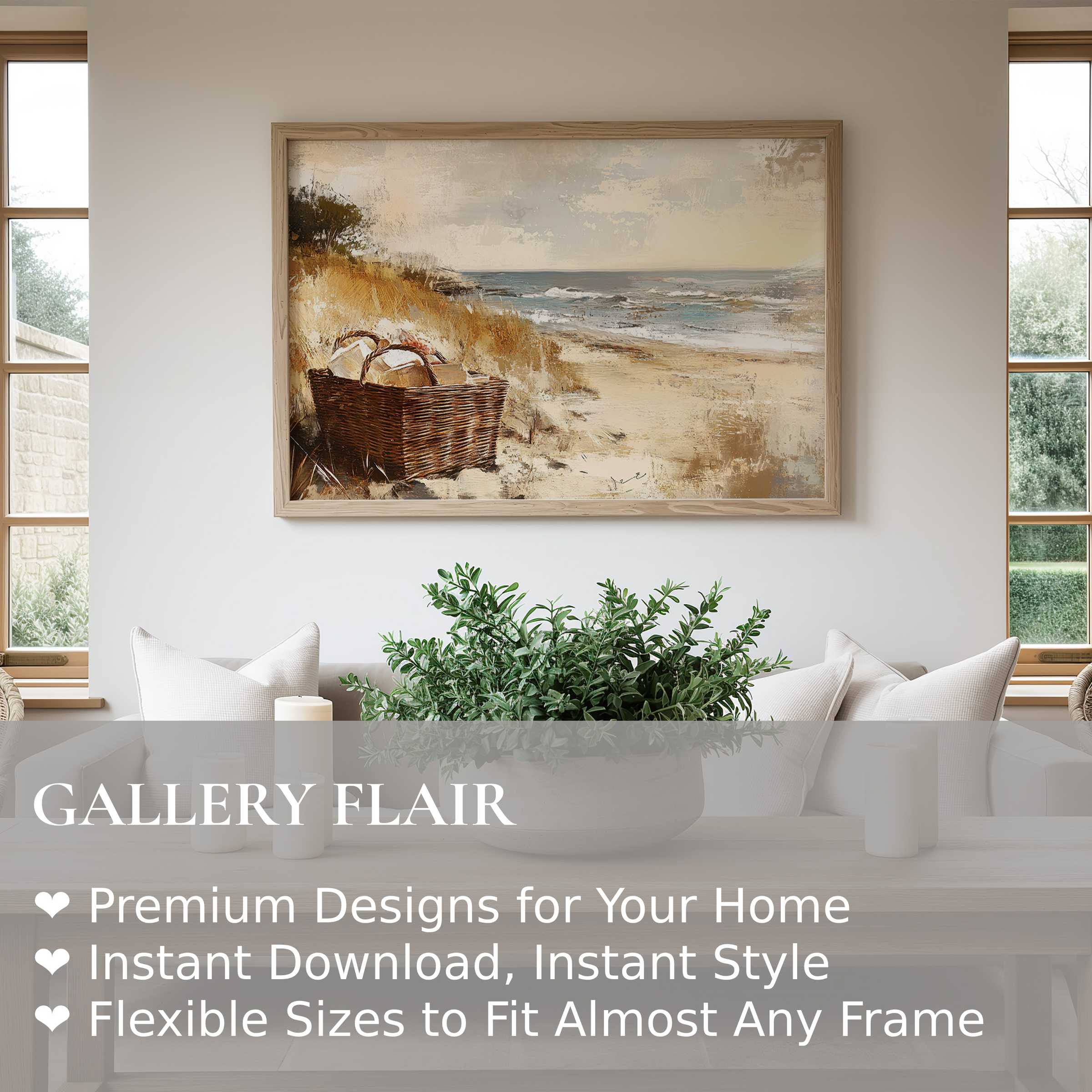 Coastal wall art print capturing a serene beach scene with soft, muted tones enhancing modern coastal interiors