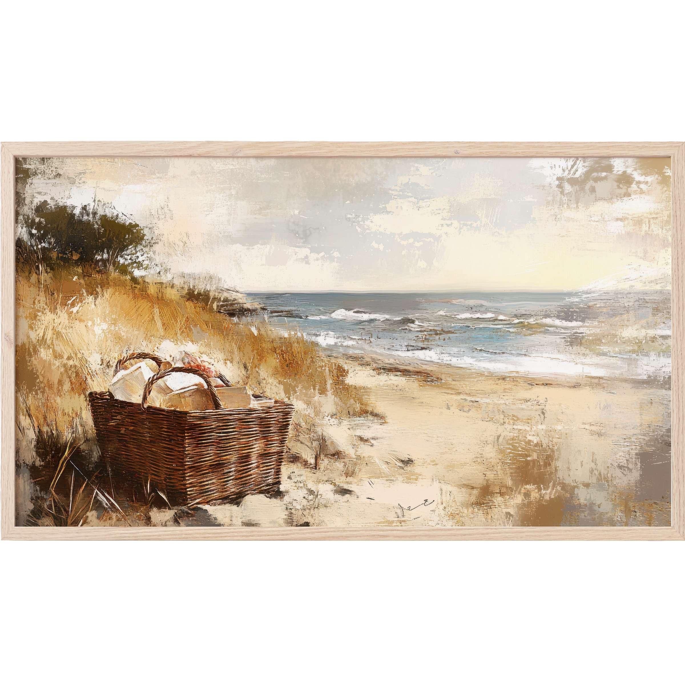 Coastal Frame TV Art with textured, muted earth tones and soft blues, depicting a serene beach scene with a picnic basket