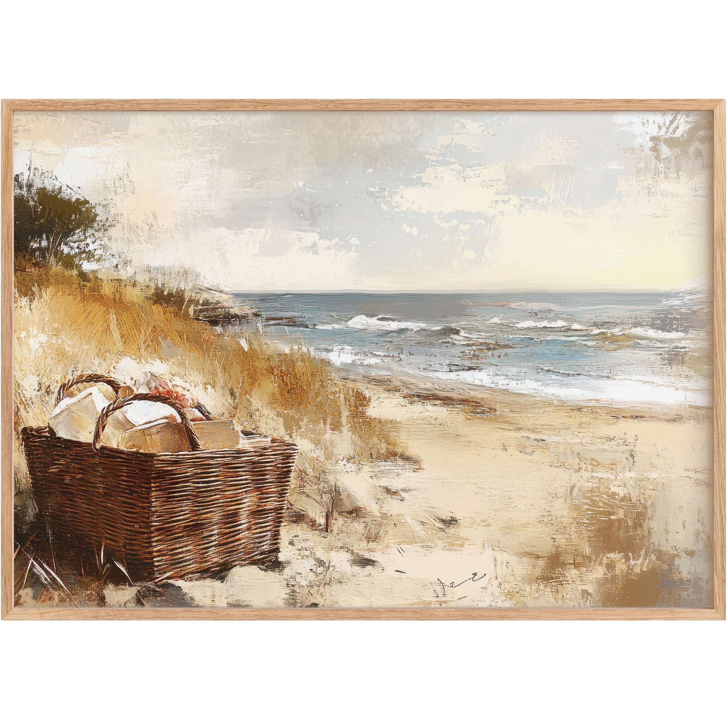 Coastal printable wall art capturing serene ocean waves and sunlit dunes in warm golds and soft blues, evoking calm and timeless elegance