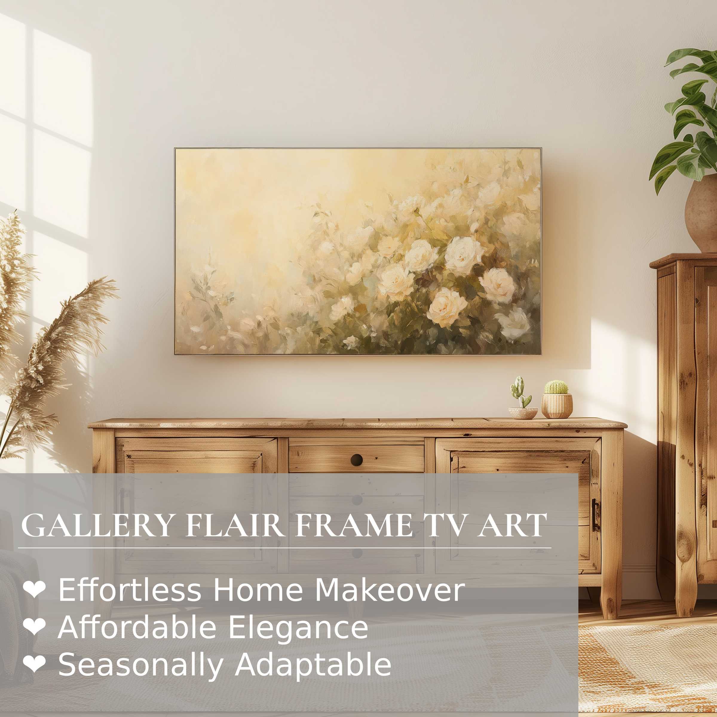 Elegant summer digital artwork of soft roses on Samsung Frame TV in a warm, modern rustic living space