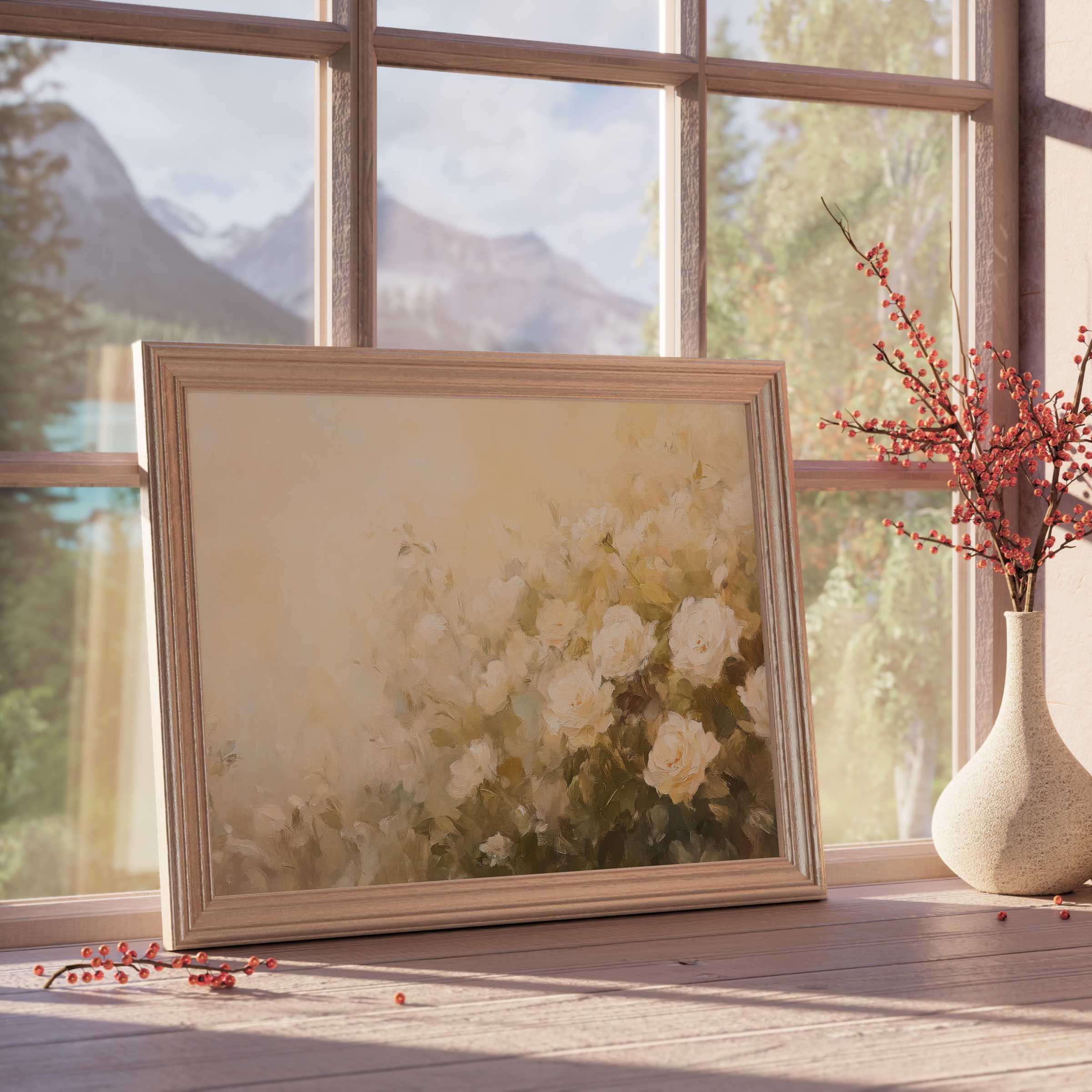 Summer downloadable art evokes serene warmth with soft white blooms in a natural wood frame, perfect for refined, tranquil interiors
