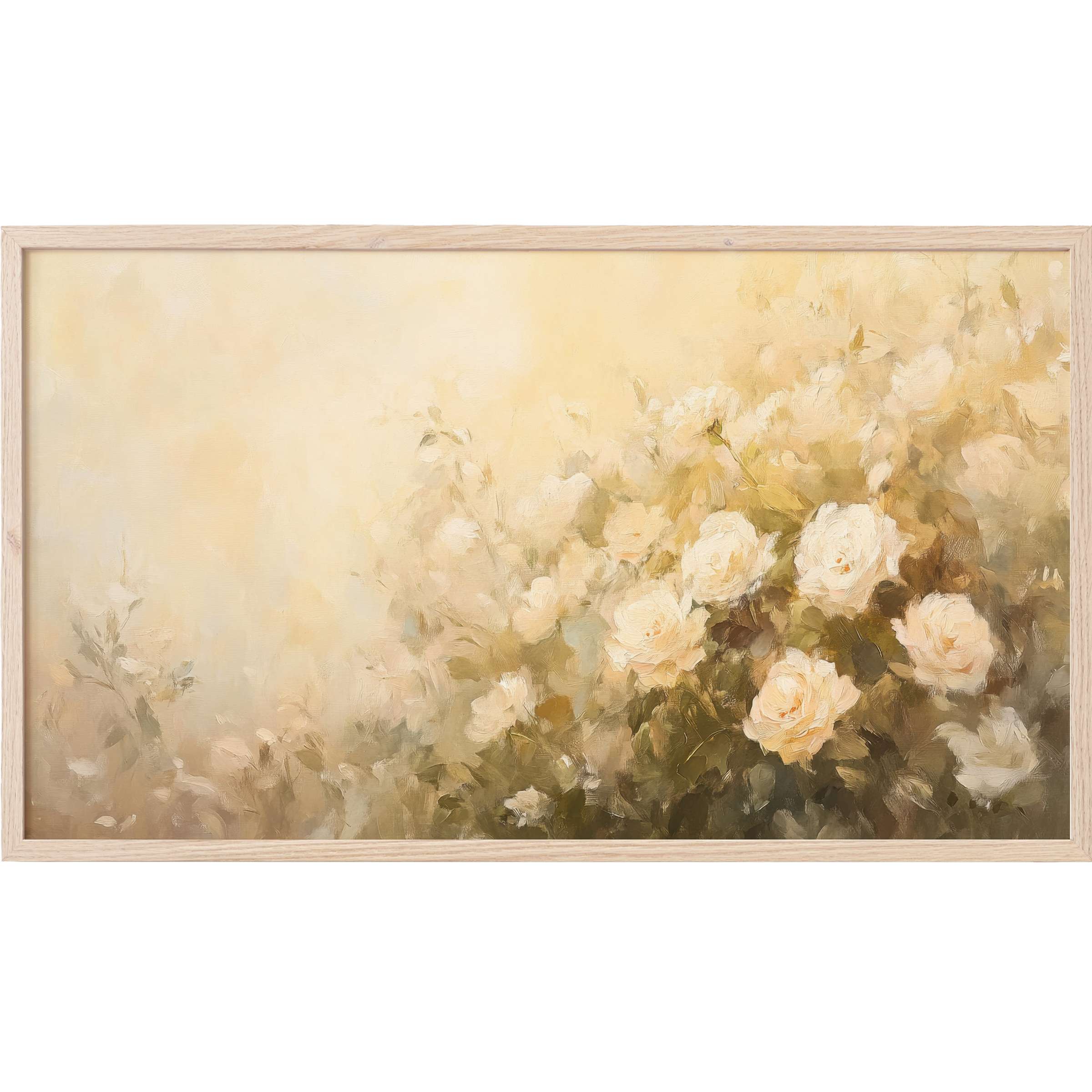 Softly blurred cream roses and muted greens create an elegant summer Frame TV Art with a modern, serene palette