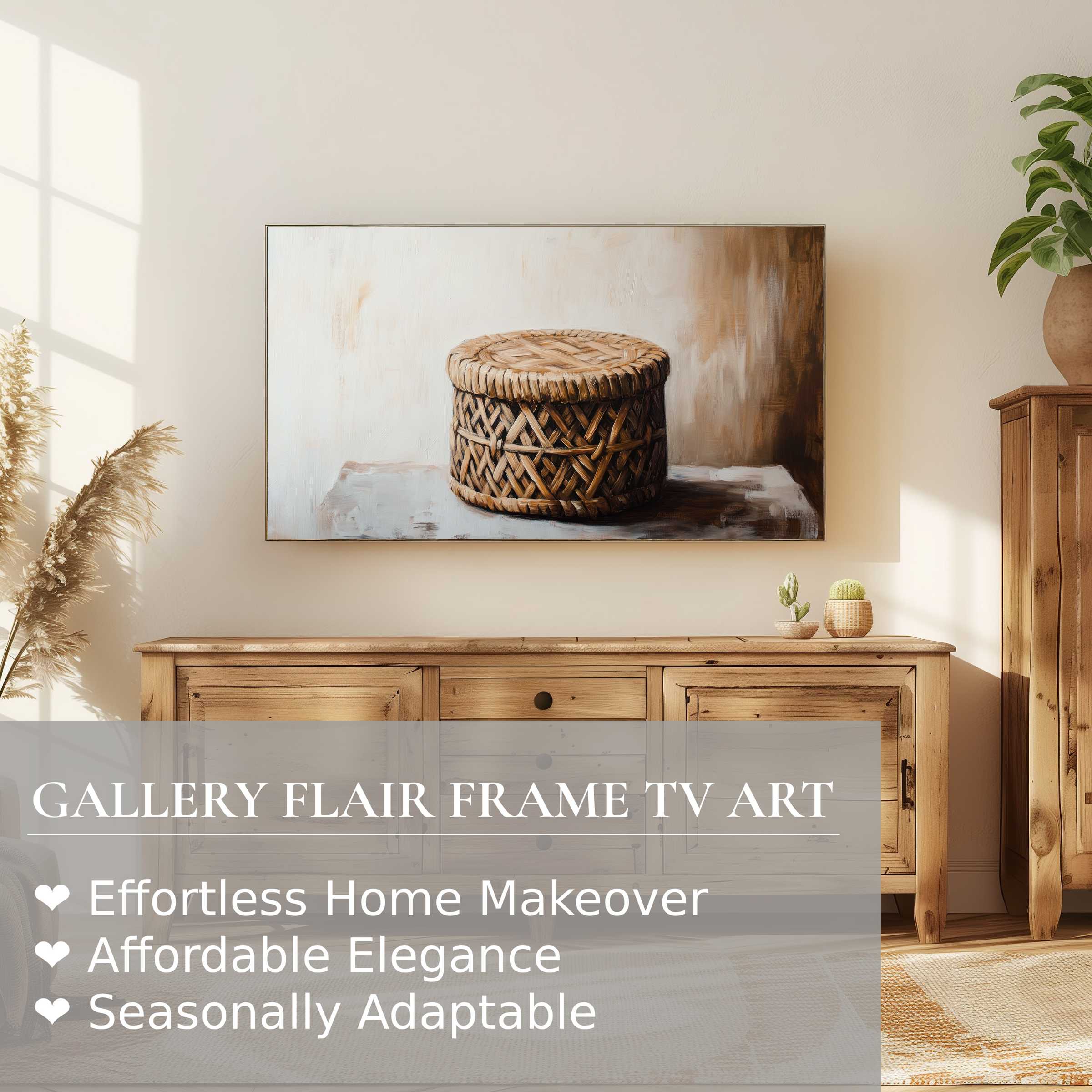 Samsung Frame TV showcases boho digital artwork in a warm, natural setting with elegant, modern home decor