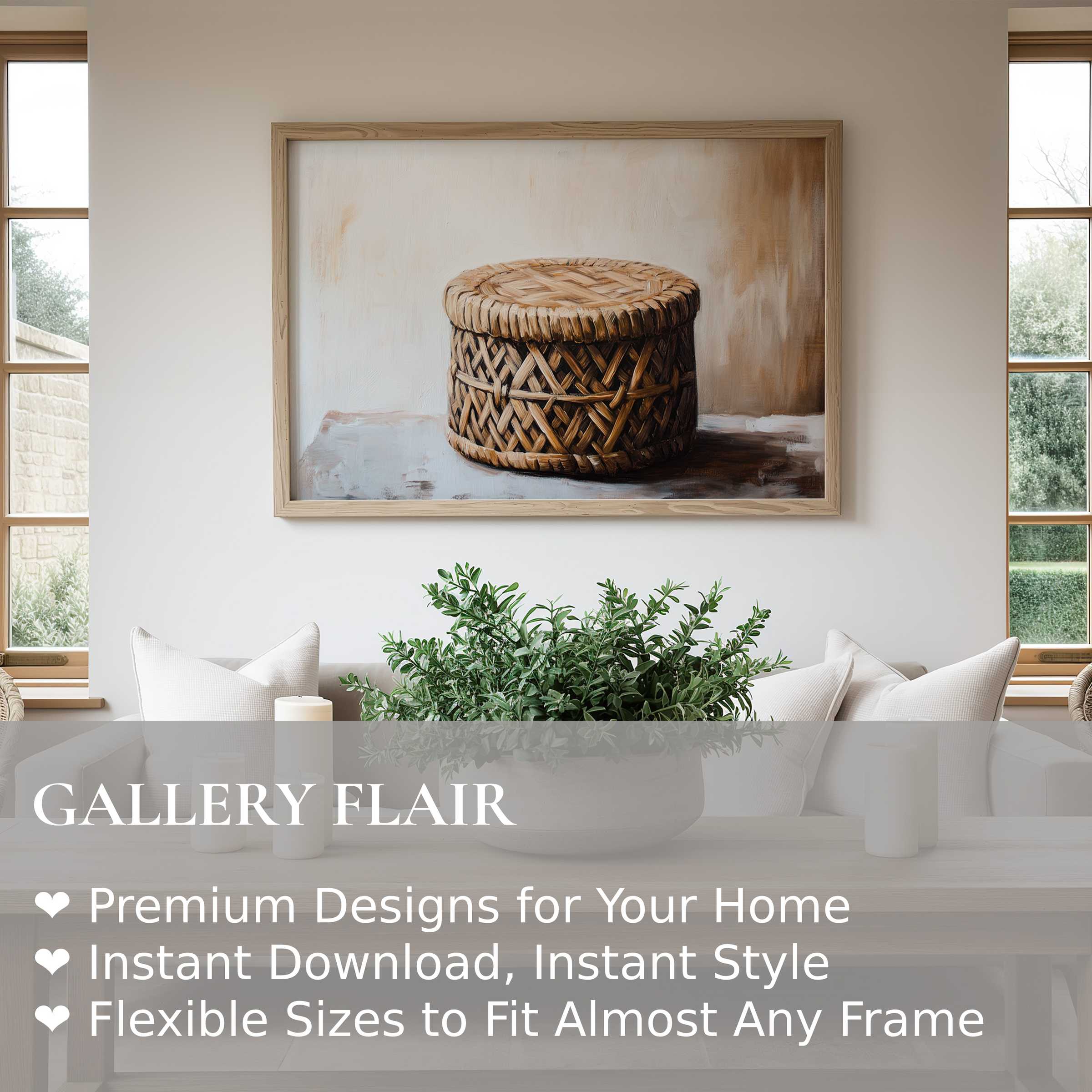 Boho wall art print featuring a textured woven basket in warm neutrals, enhancing serene, modern farmhouse interiors with organic charm