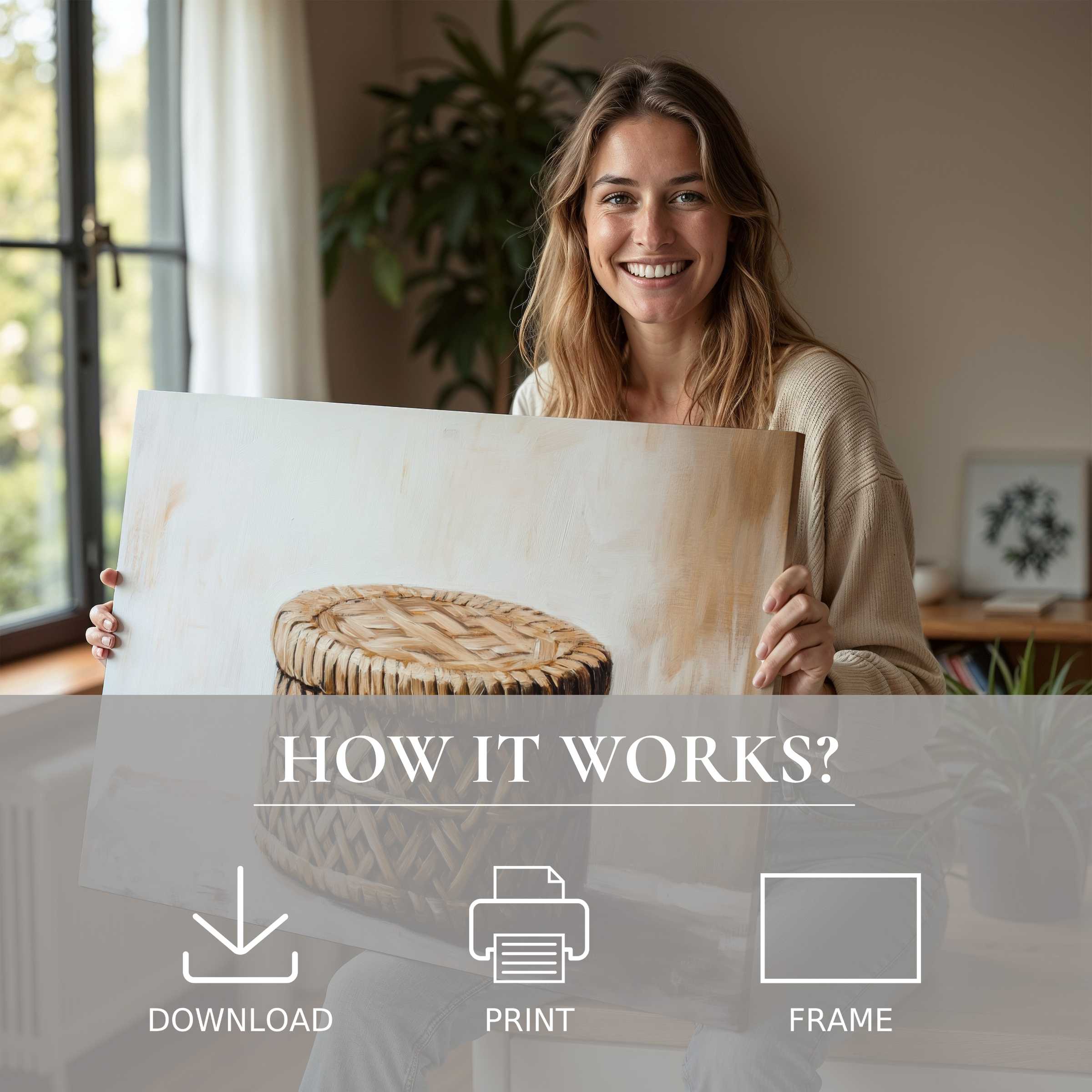 Woman joyfully embracing a neutral-toned boho digital art print, embodying effortless elegance and soulful connection in modern home decor