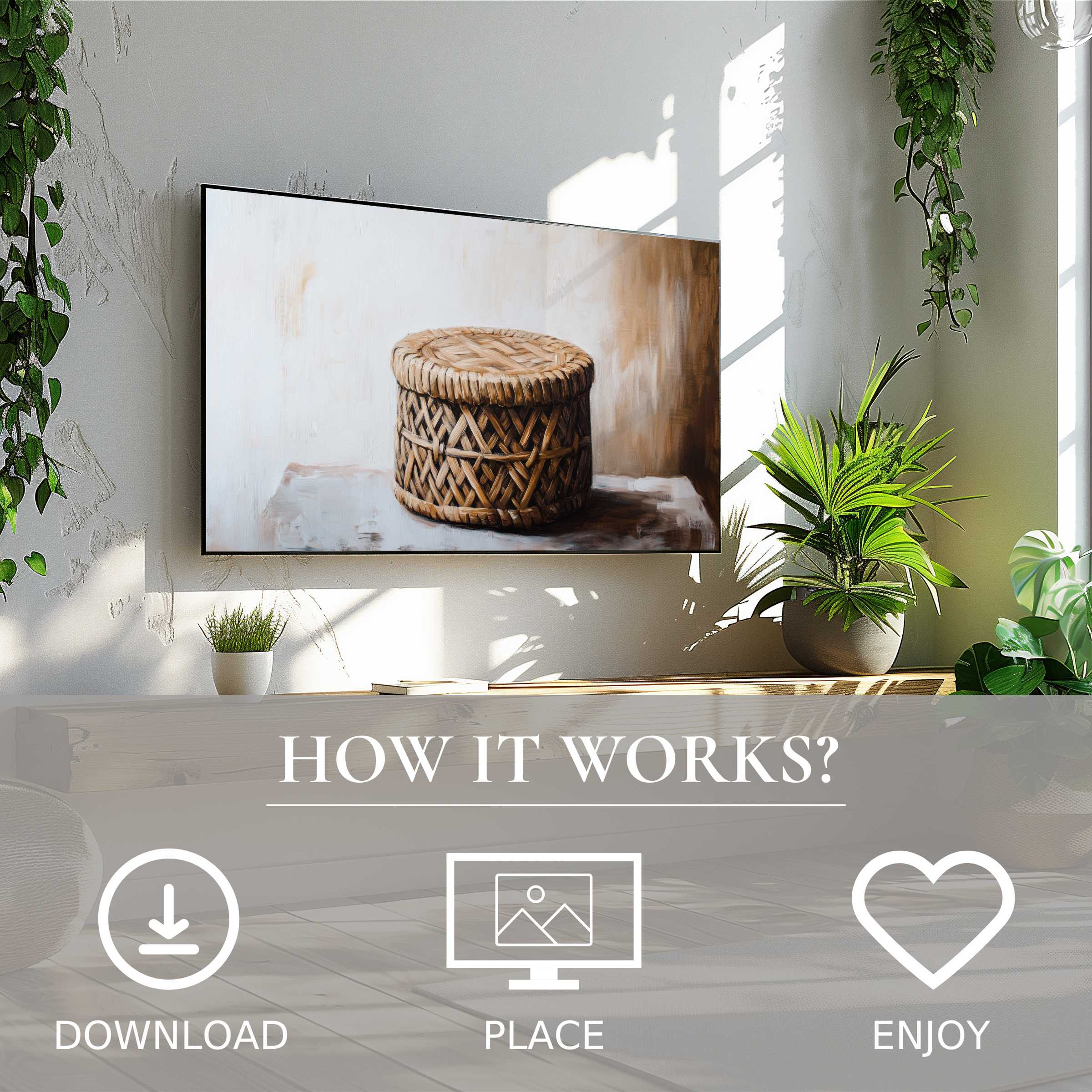 Boho art for Samsung TV shows warm woven basket motif; easy digital download enriches bright, plant-filled living spaces