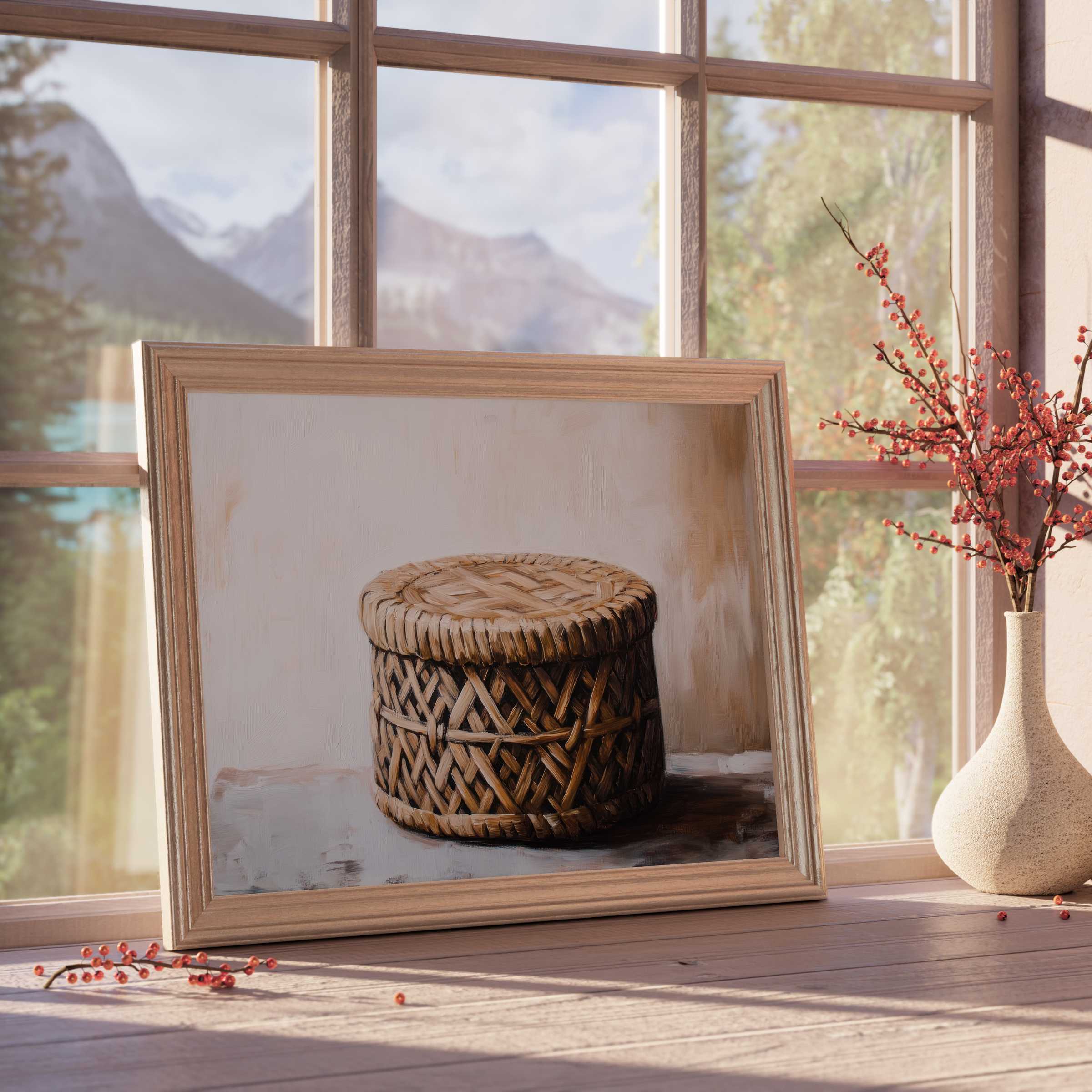 Boho downloadable art featuring textured wicker basket in soft natural light, enriching tranquil, curated interiors with rustic charm