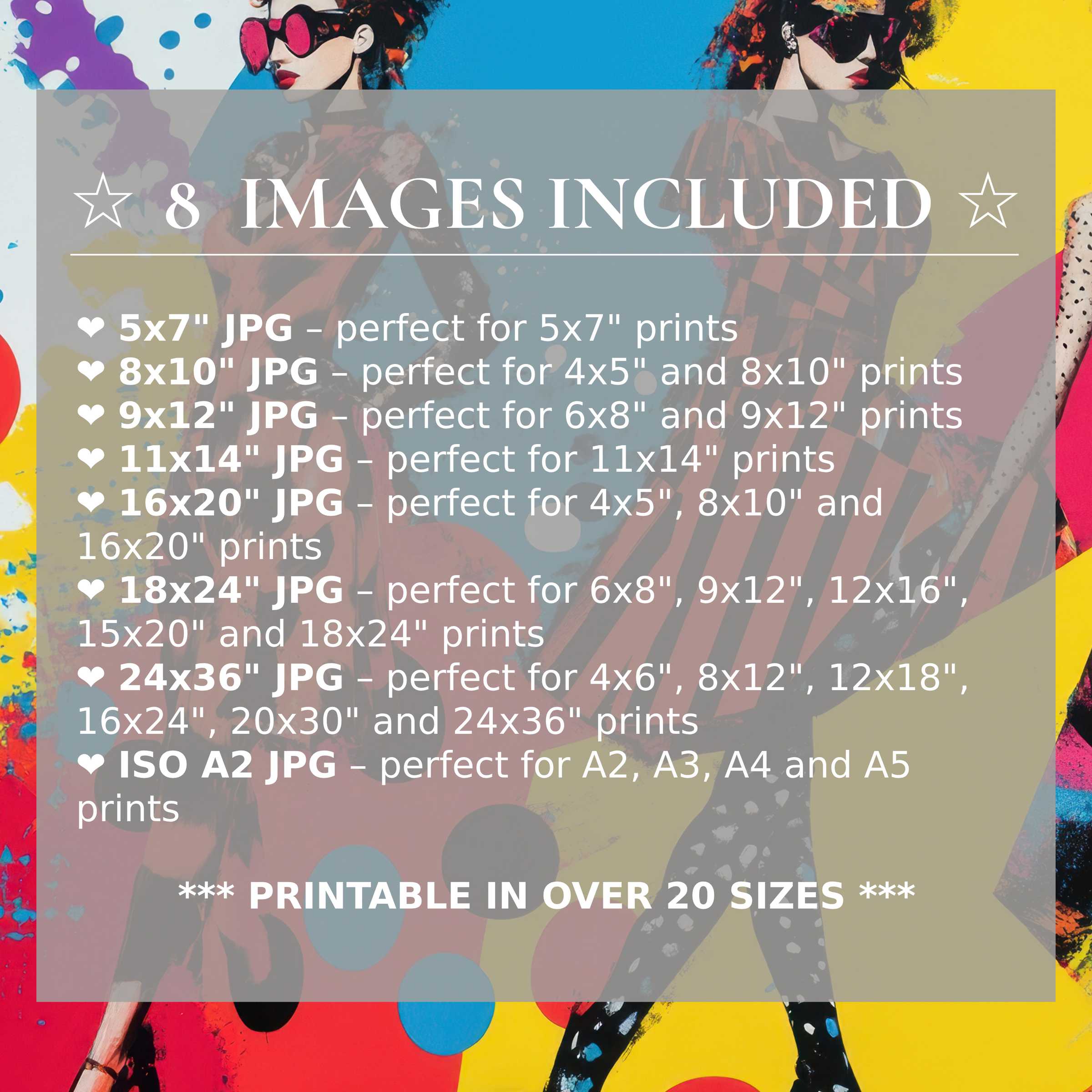 Pop art digital print radiates bold reds, blues, and yellows, elevating modern interiors with 8 included premium sizes