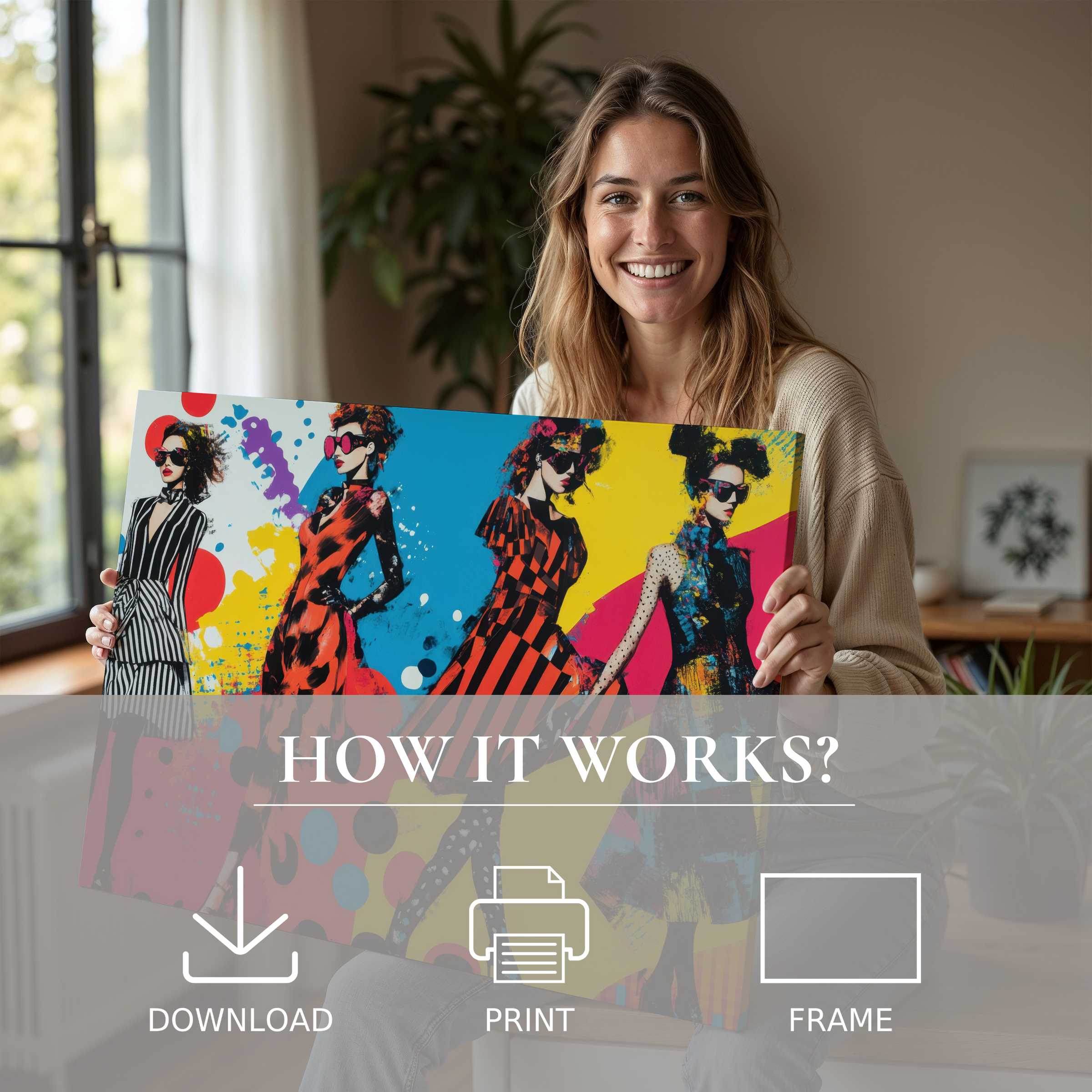 Contemporary pop art digital art print brightens a modern home, inspiring joy and effortless elegance in living with art