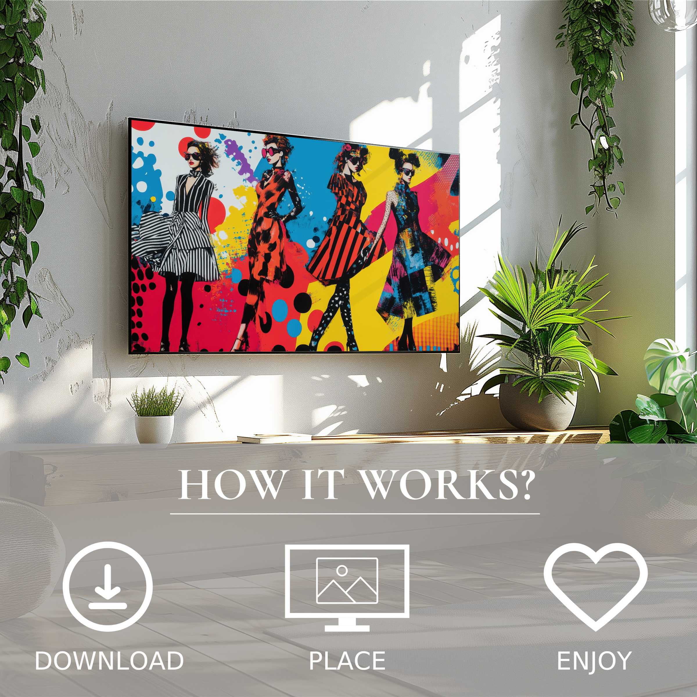 Pop art art for Samsung TV with vibrant color flow motif, easy digital download, enriching modern living spaces