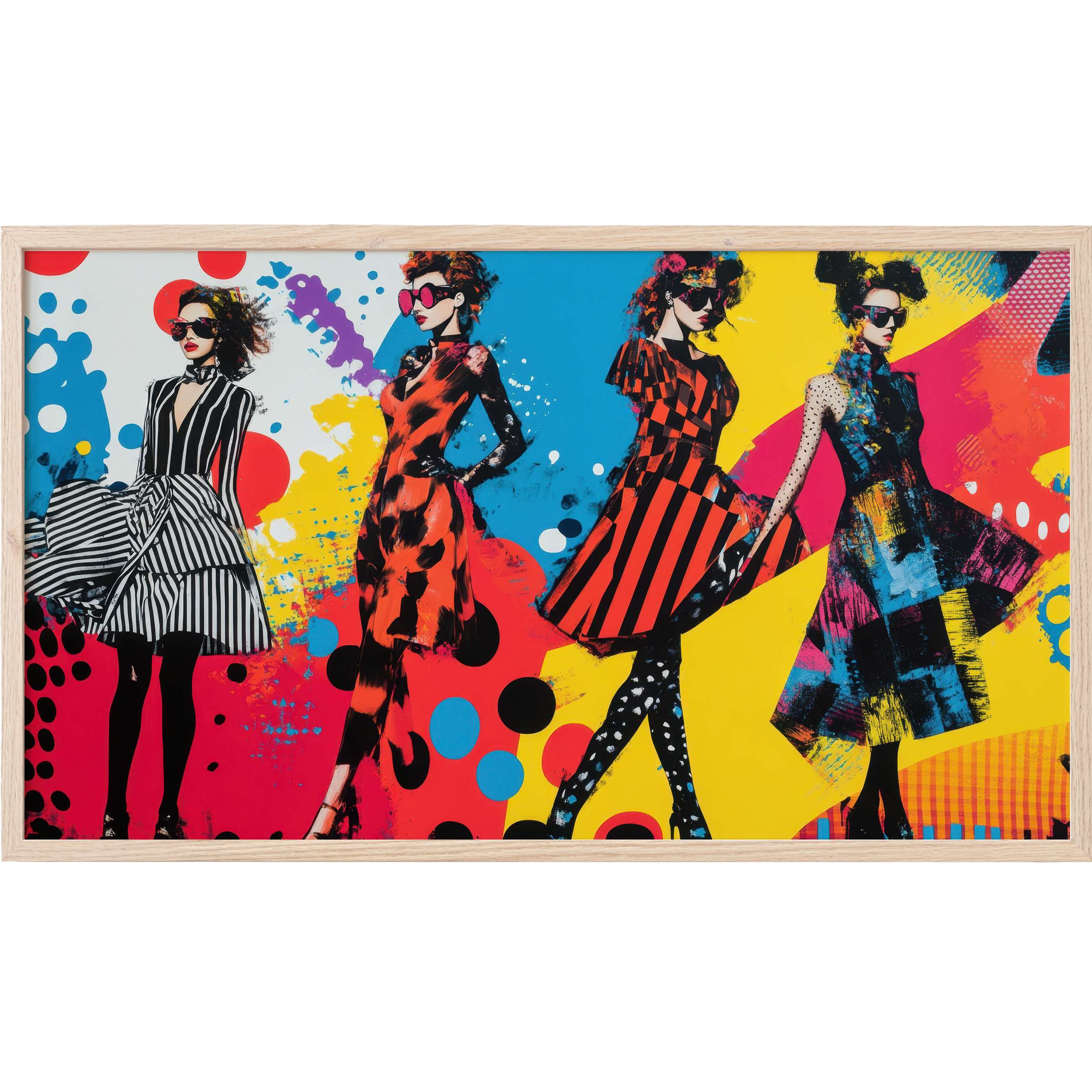 Pop art Frame TV Art with bold patterns, vivid reds, blues, yellows, and modern, stylish female silhouettes