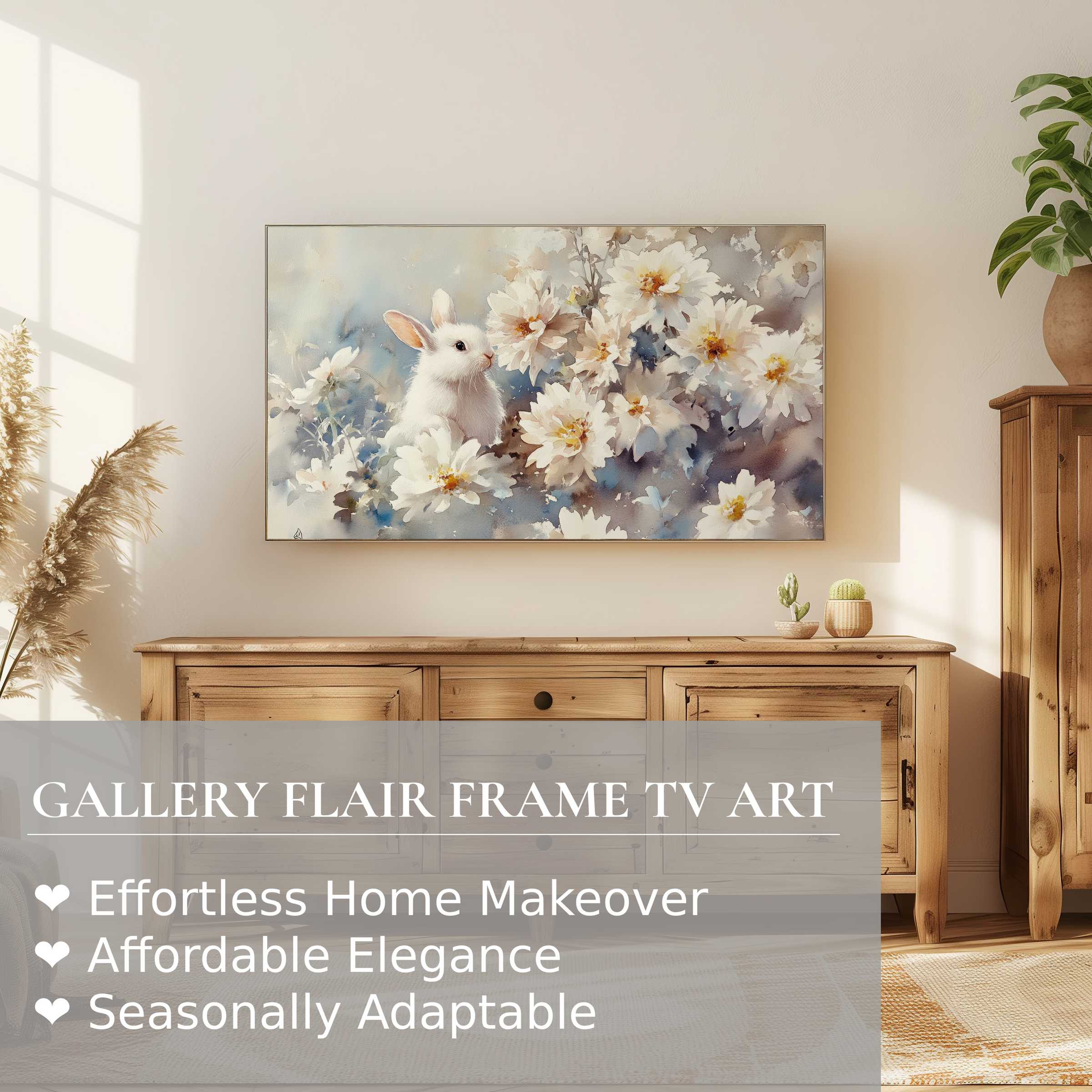 Samsung Frame TV displaying elegant easter digital artwork of a white bunny with soft floral background in modern decor