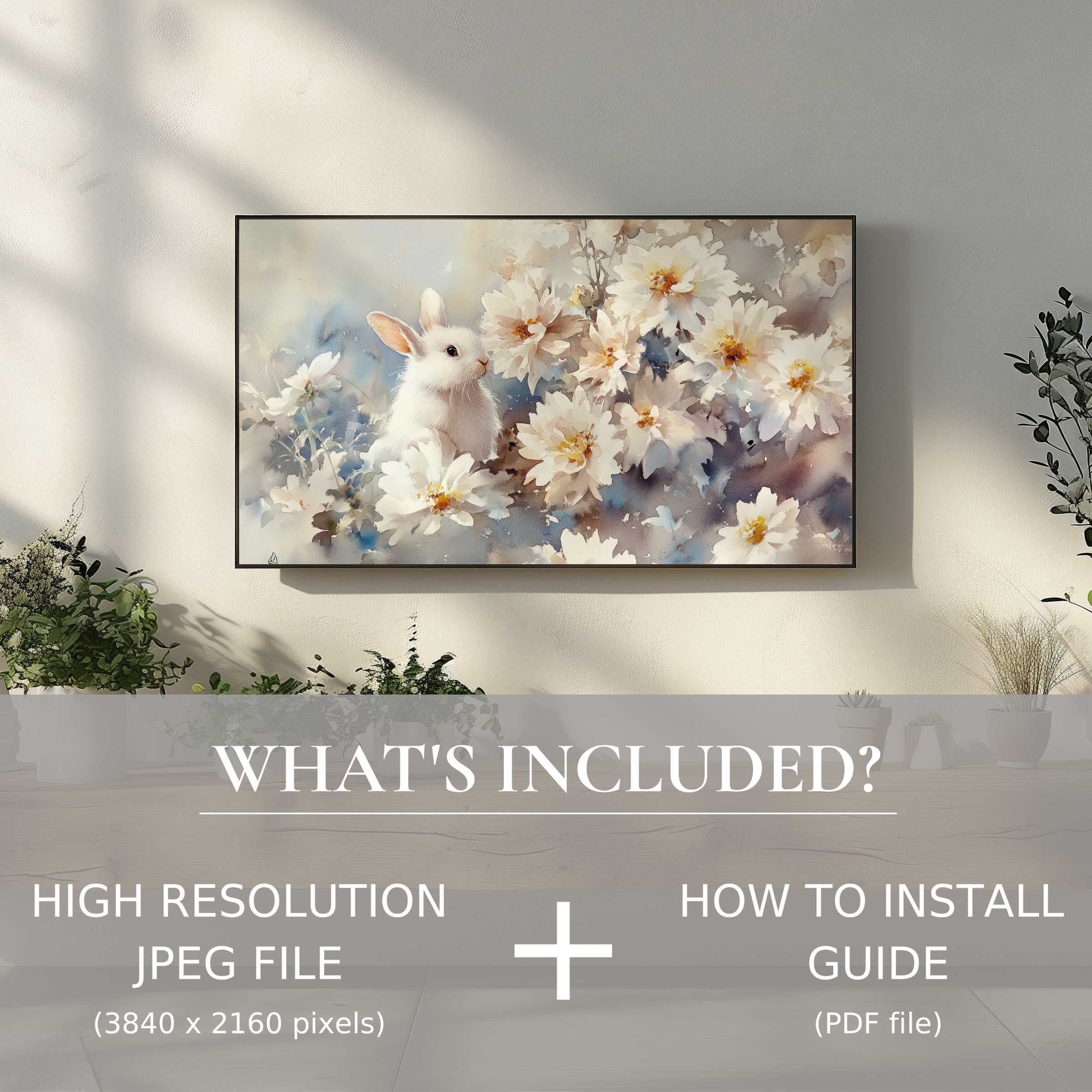 Elegant easter digital TV art download with soft florals and bunny, enhancing living spaces via easy digital use