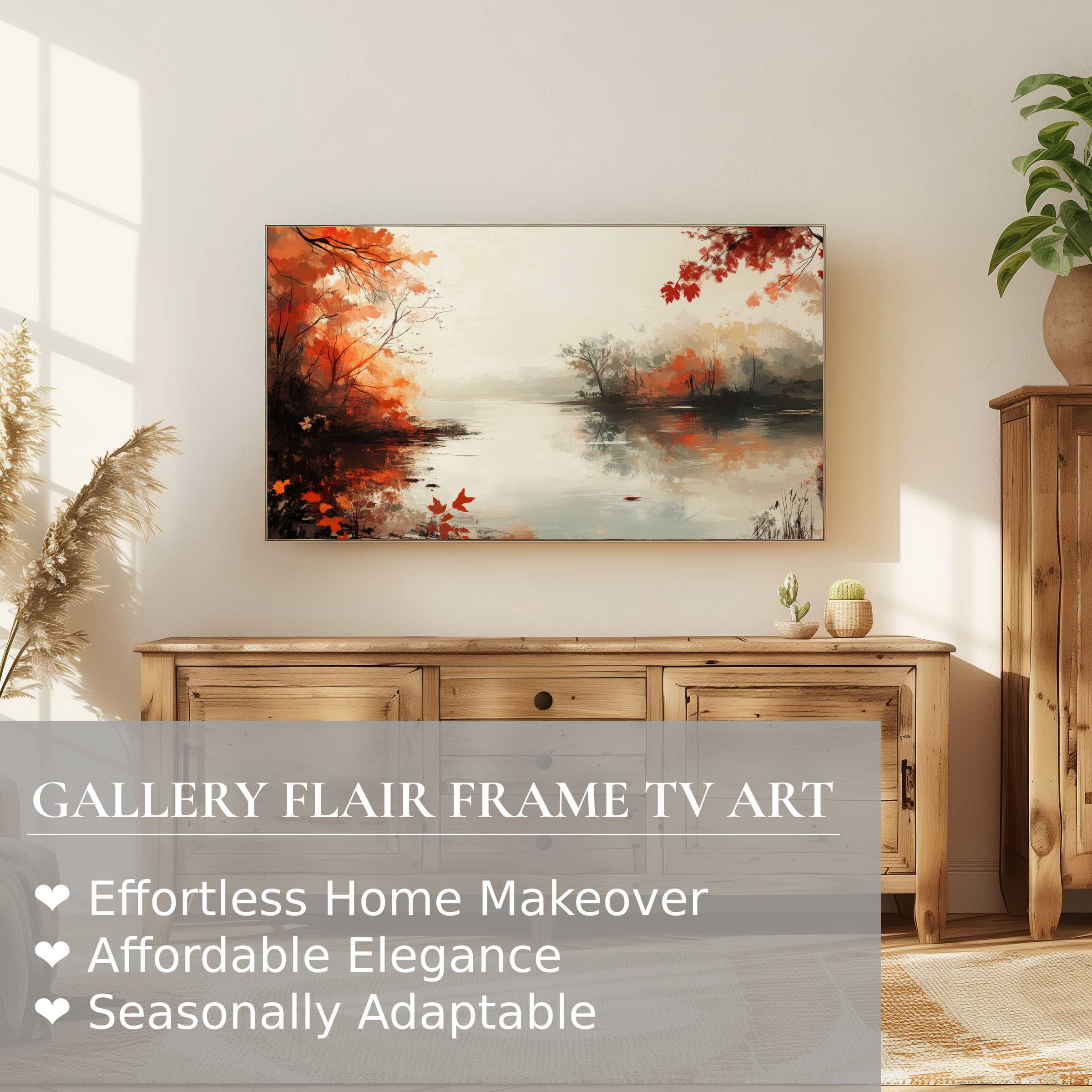 Samsung Frame TV displaying a refined landscape digital artwork in warm autumn tones, perfect for stylish décor